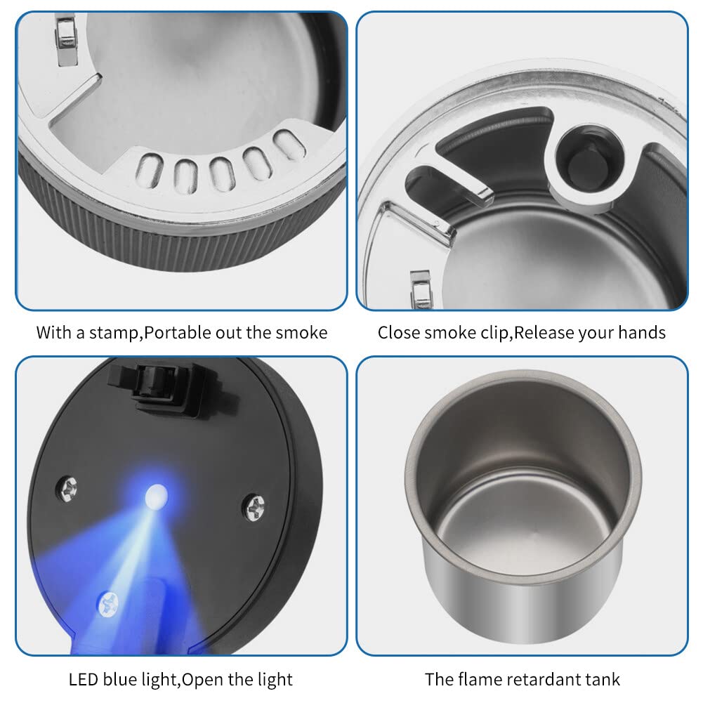 Surakey Car Ashtray, Mini Portable Ashtray Trash Can Stainless Steel Car Ash Tray with Blue LED Light and Lid Windproof Car Cup Holder for Cars Vehicles Home Offices Outdoor (Black)
