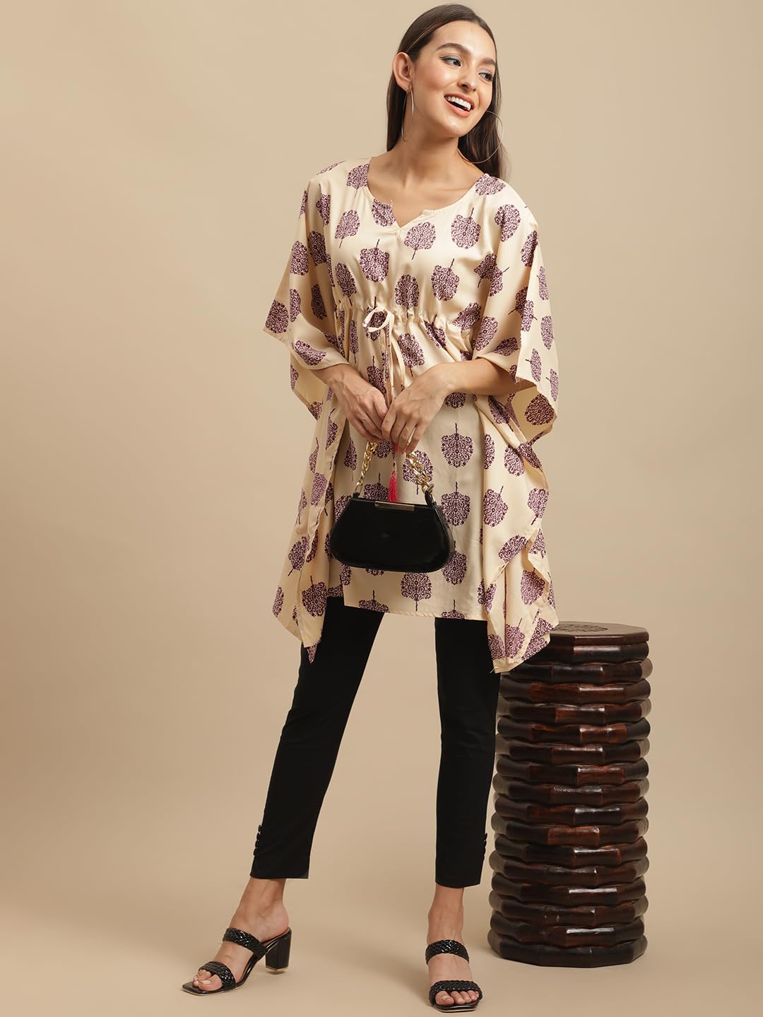 Preneum Women's Striped Regular Fit Kaftan (A-KFT-08_Cream XL) 4