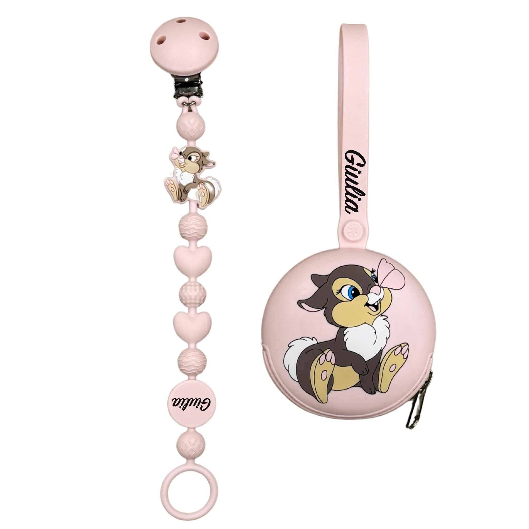 Catenella Portaciuccio in Silicone Personalizzata con Nome – Modello Bubble Charm – Clip Sicura – Idea Regalo Nascita - Coniglietta - Ultra leggera