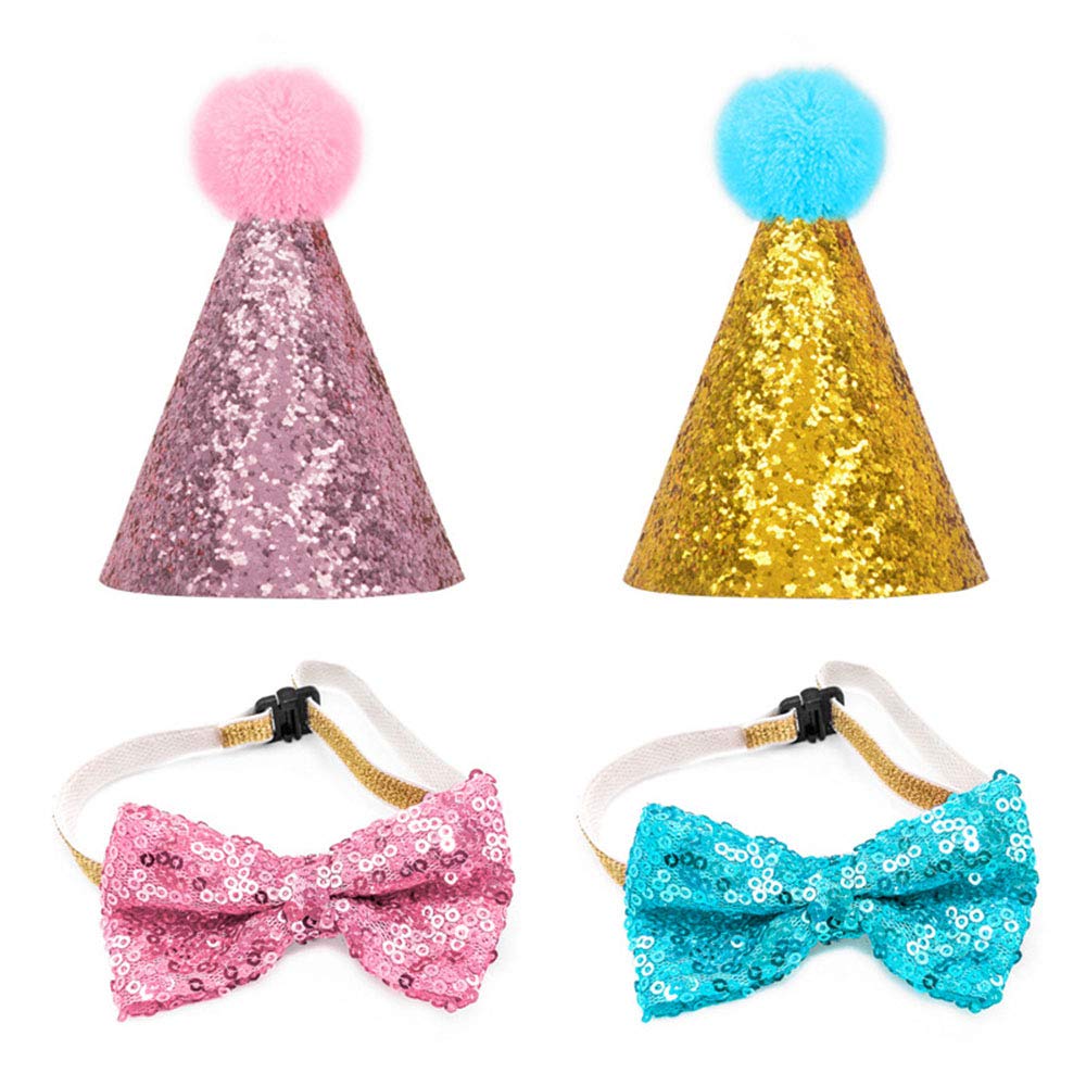 4 PCS Dog Cat Birthday Hat and Bowtie for Pets Party Reusable Decoration Accessories Pet Headband Hats Universal for Holiday Birthday Theme Party