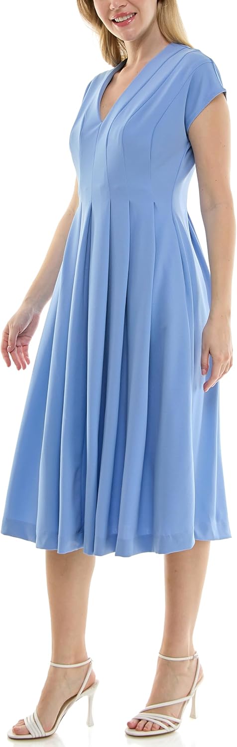 Maison Tara Women's Cap Sleeve V-Neck Seam Bodice Pleated Fit & Flare Midi Dress
