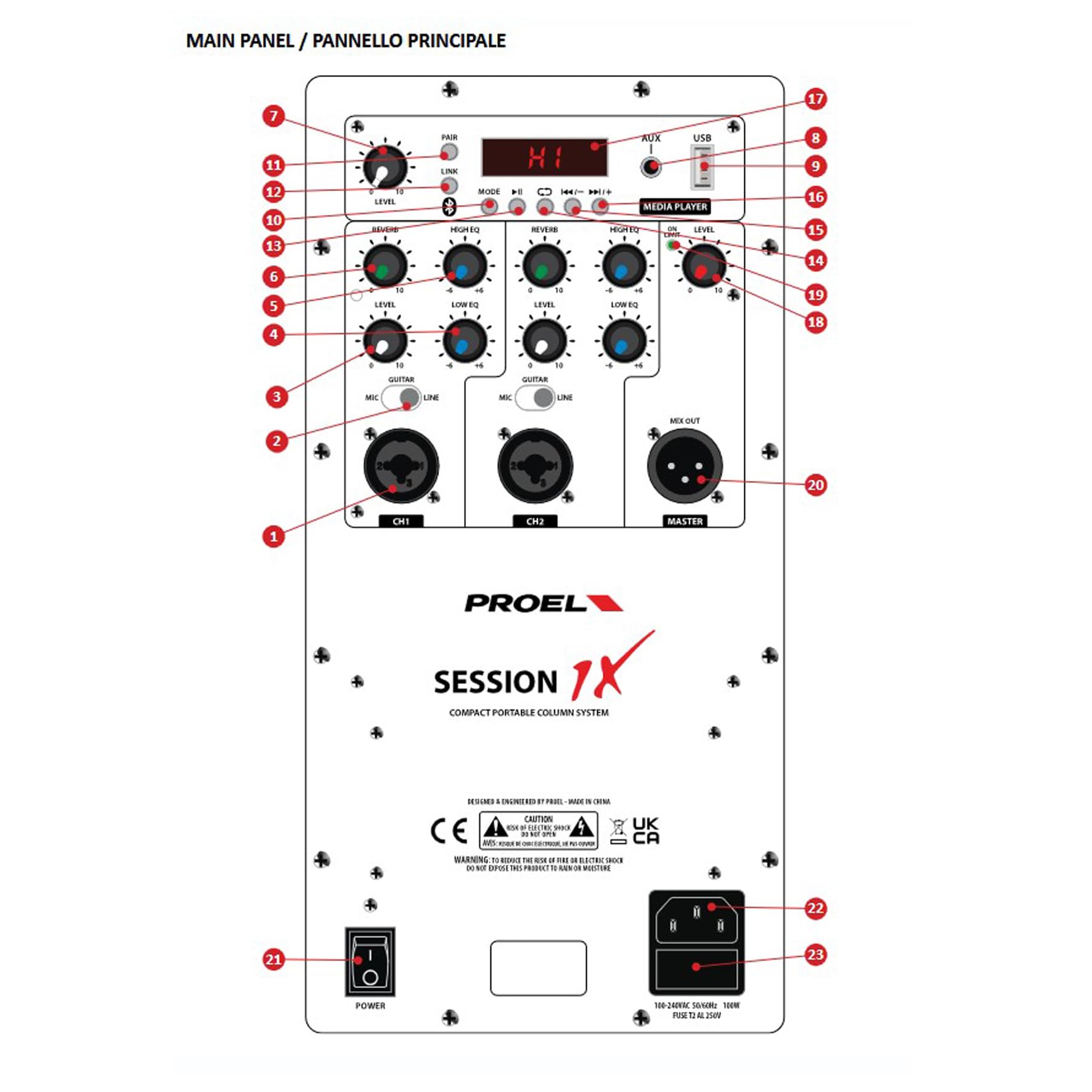 Proel SESSION1X - Sistema audio a colonna da 400W di picco con modulo MP3, USB e BLUETOOTH Stereo, Nero