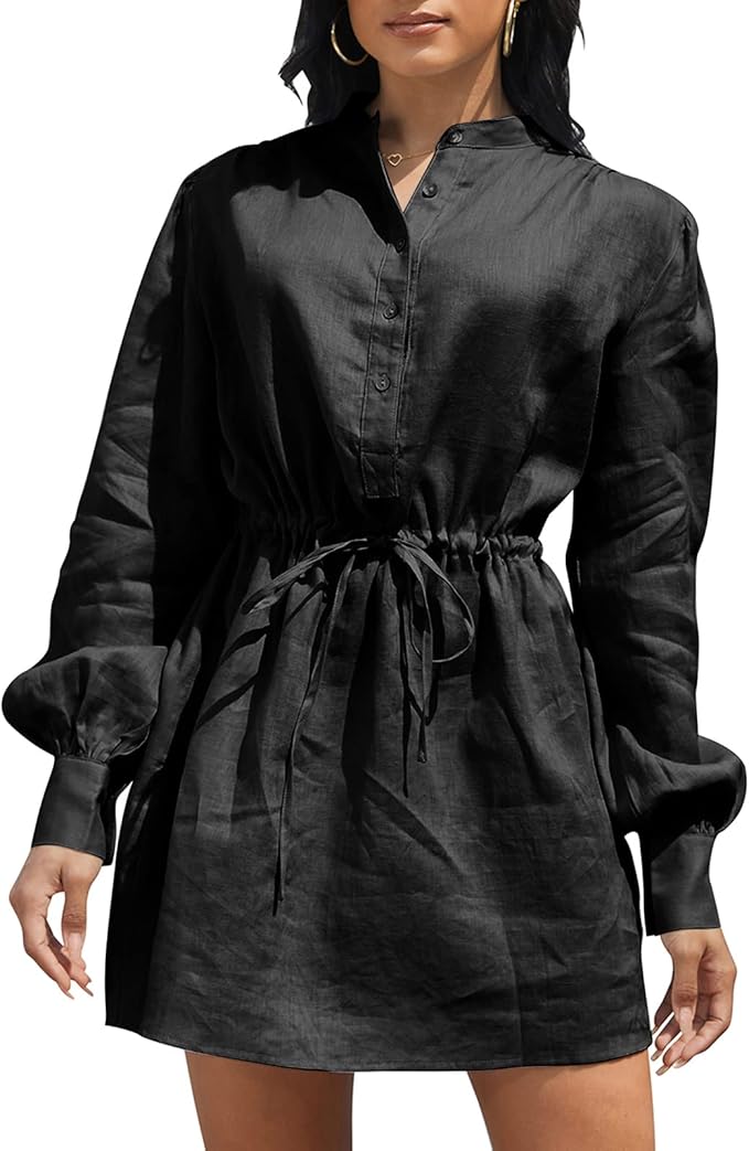 Amazhiyu Womens Pure Linen Shirt Dress Summer Long Sleeve Drawstring Waist Causal Dresses