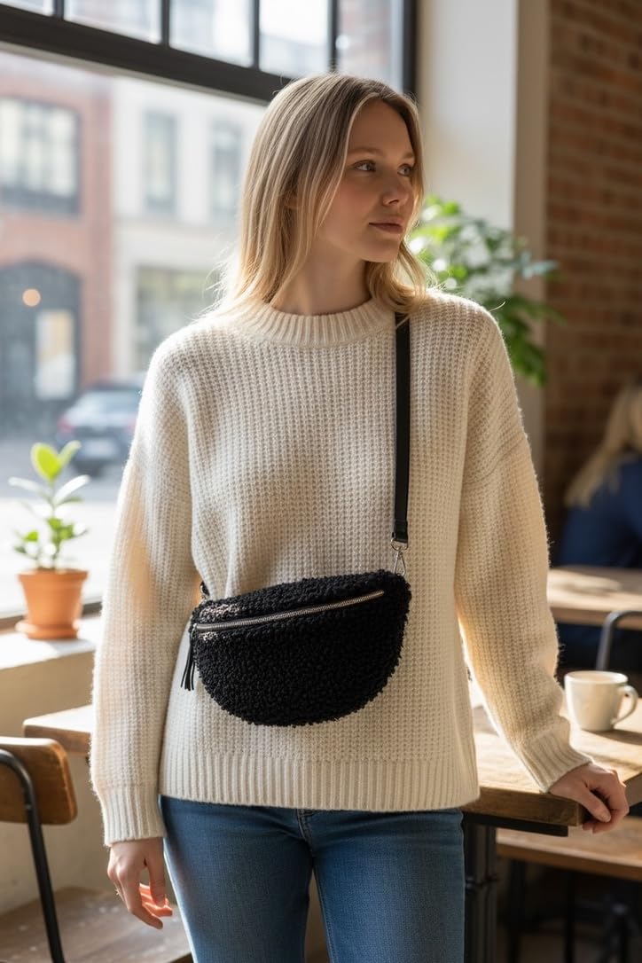 SH Leder ® Kate G358 Sac banane en peluche pour femme avec bandoulière en cuir véritable 27 x 16 cm