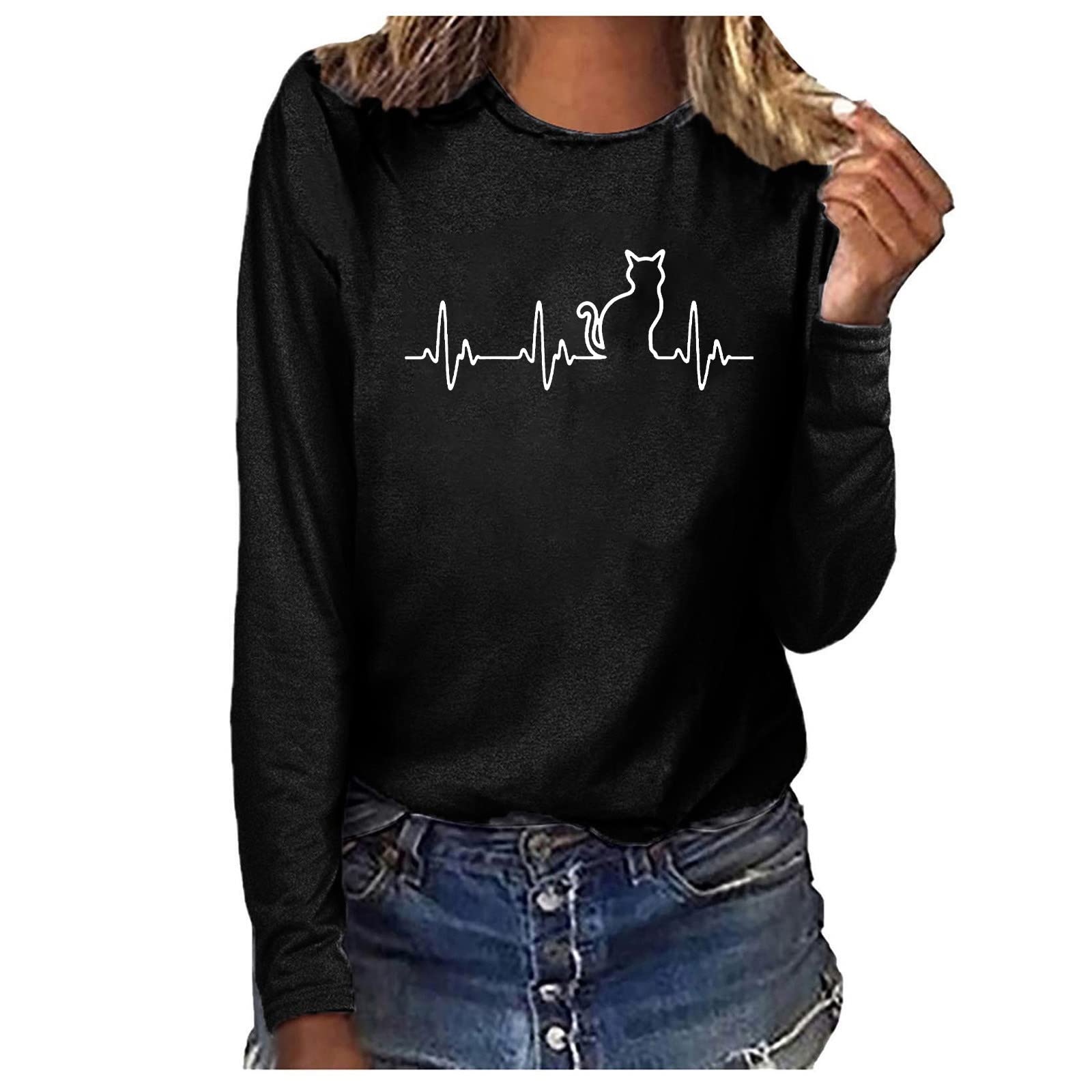 ZzalalanaTops for Women T-Shirts Long Sleeve Cat Printed Graphic Tees Casual Loose Crewneck Base Layer Shirts Blouses