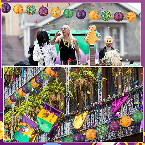 Image of Panelee 12 Pcs Mardi Gras Party Decorations Paper Lanterns Carnival Yellow Green Purple Hanging Round Paper Lanterns 8 Inch for Mardi Gras Office Classroom Party Decorations Supplies Indoor Outdoor