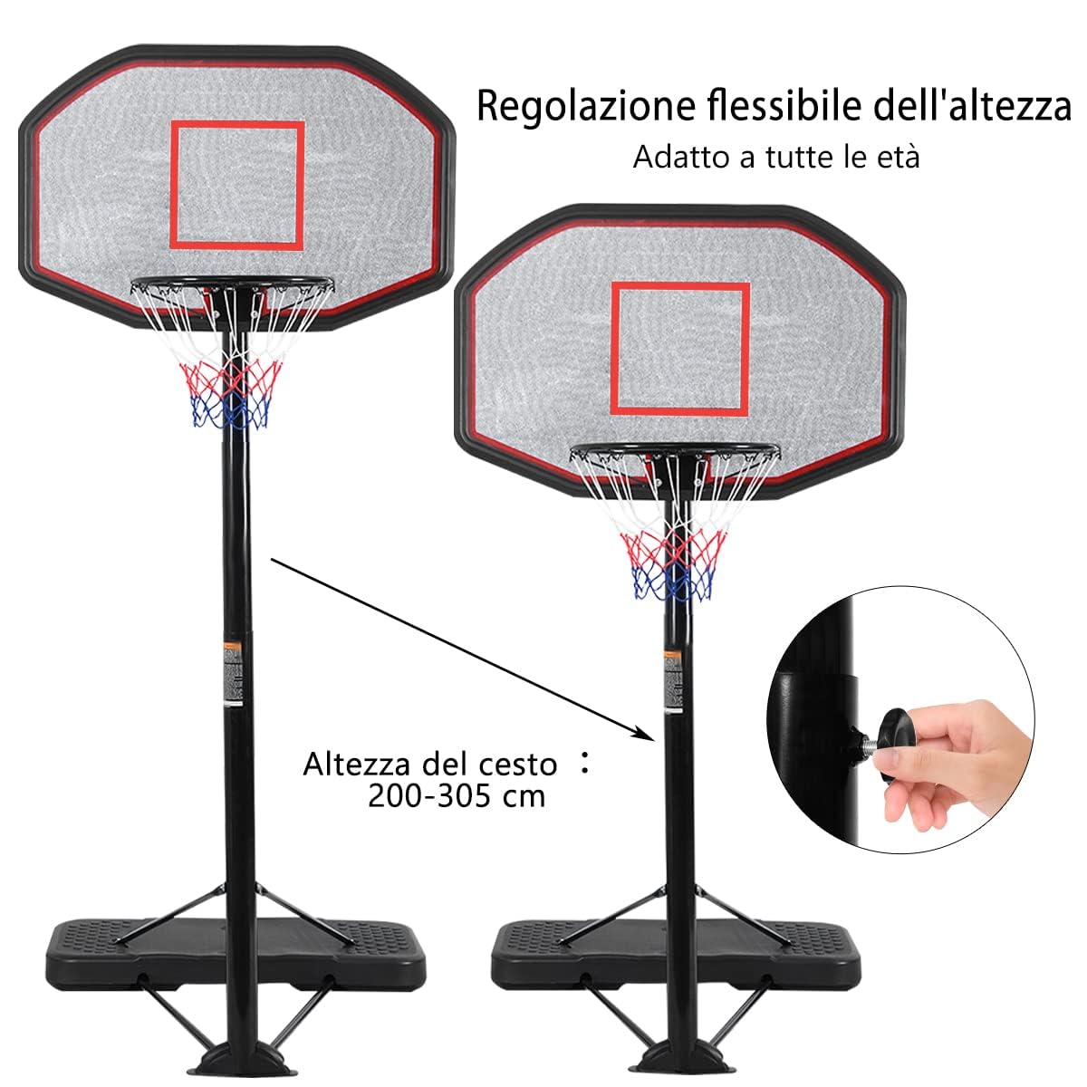 COSTWAY Canestro da Basket Regolabile in Altezza da 200 a 305 cm, Canestro da Basket da Esterno ed Interno Portatile con Base Riempibile e Ruote
