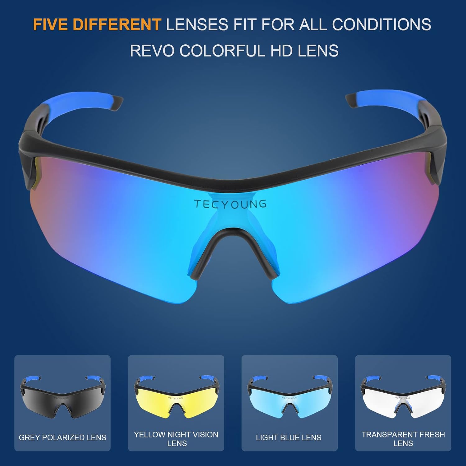 Polarized Sports Sunglasses with 5 Interchangeable Lenses,Mens Womens Cycling Sun Glasses for Running Baseball Golf Driving (blue) : Sports & Outdoors
