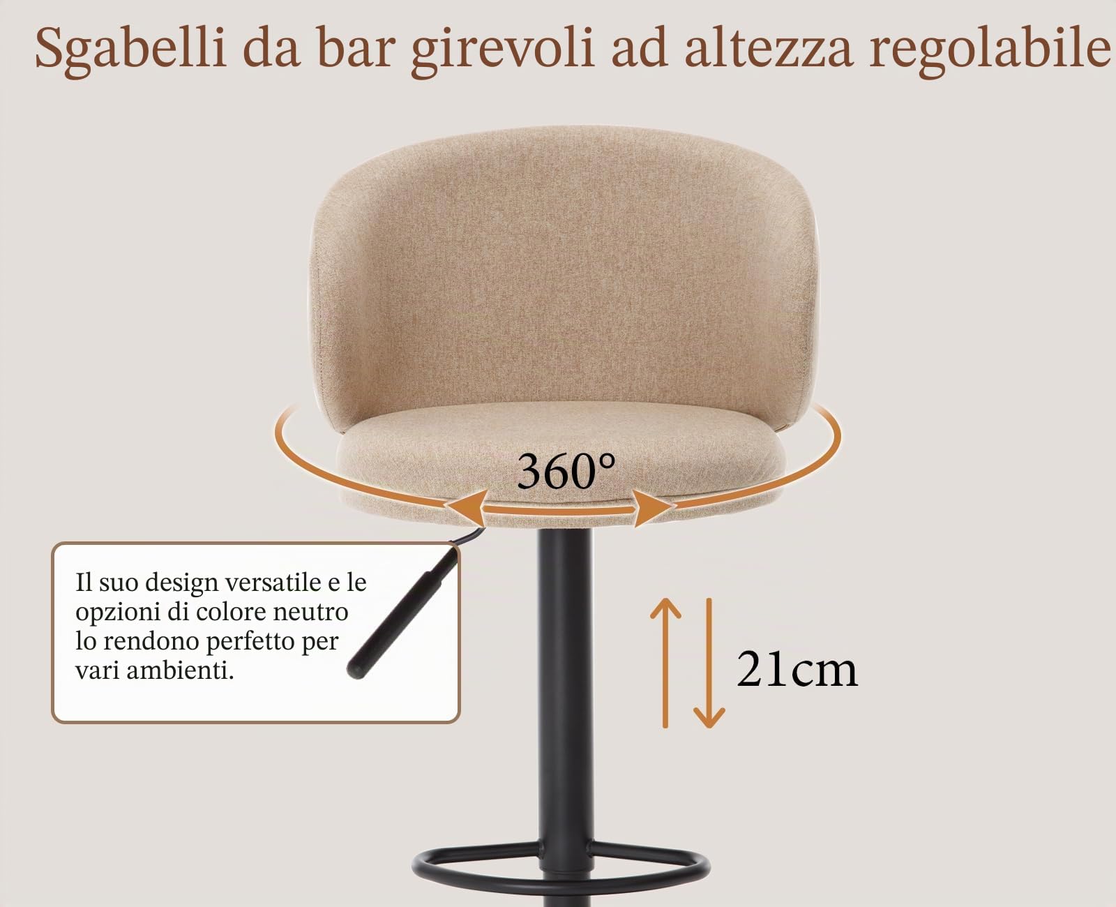 Ya-Home Set di 2 Sgabelli da Bar Sgabelli Cucina in Tessuto di Lino Sgabelli Alti con Schienale Sedie da Bar Regolabile e Girevole per Cucina Penisola, Cachi