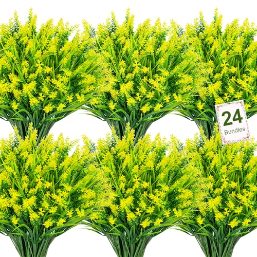 Image of Bassion 24 Bundles Artificial Flowers for Outdoors Fake Lavender, Yellow