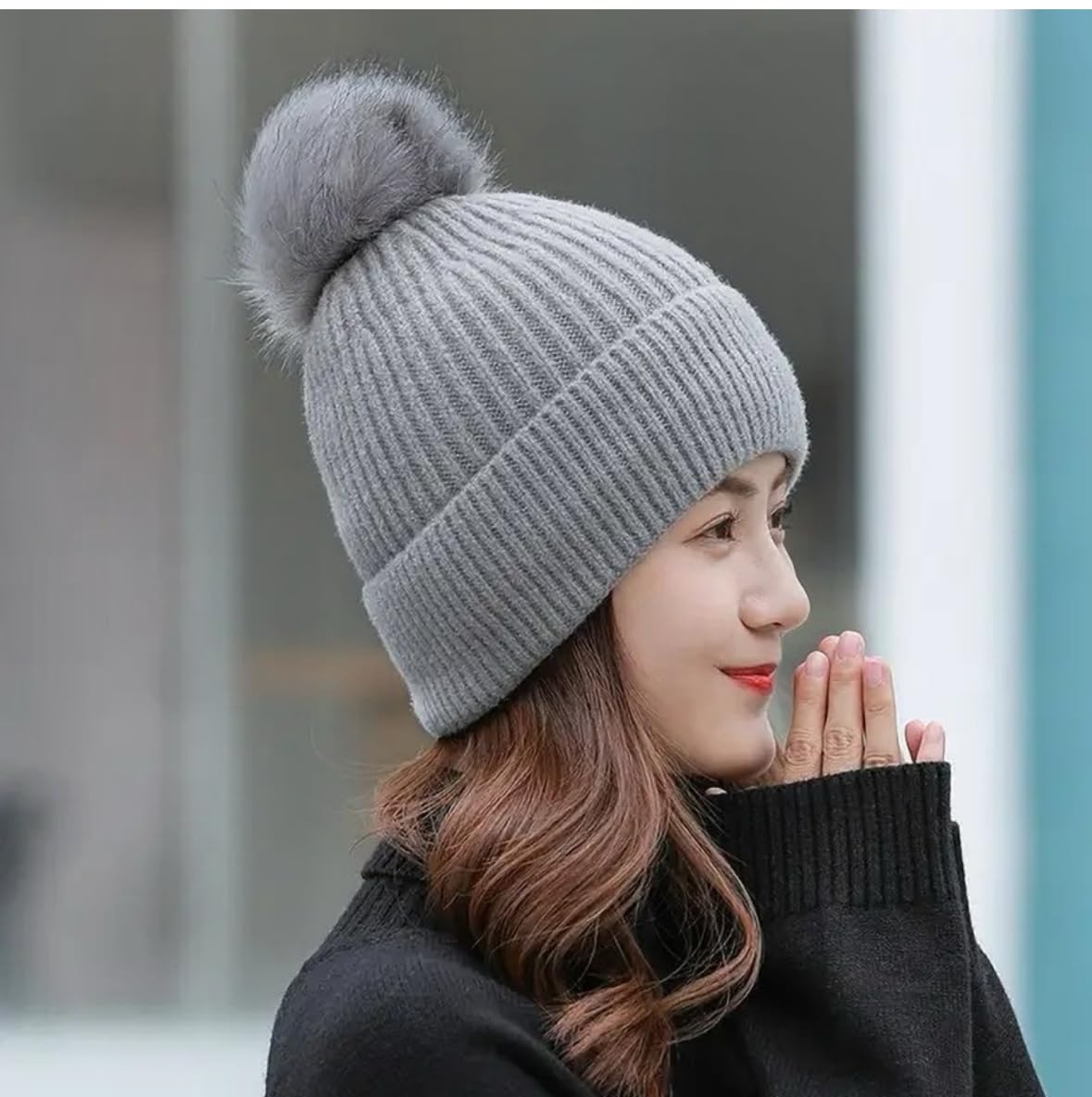 Women Soft Knitted Faux Fur Earmuff Winter Warm Woolen Hat Cute Animal Theme Fluffy Plush Ear Protection Warmer Snow Cap for Girls (C Grey) 1