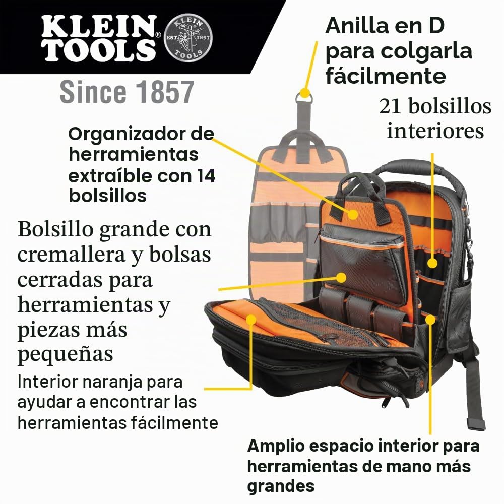 Klein Tools 55485 | Mochila porta herramientas Tradesman Pro Tool Master 48 bolsillos | Nylon ballistic 1680d resistente al agua | Fondo moldeado impermeable | Asa reforzada