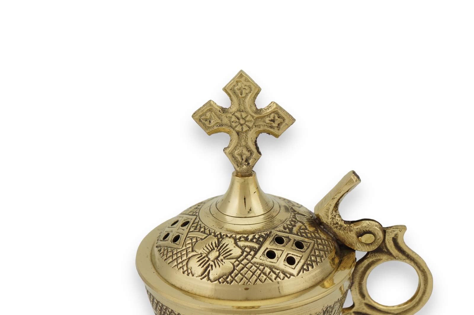 Bruciatore di incenso ortodosso in ottone – Incensiere cristiano ornato con croce per uso domestico o chiesa, 16 cm