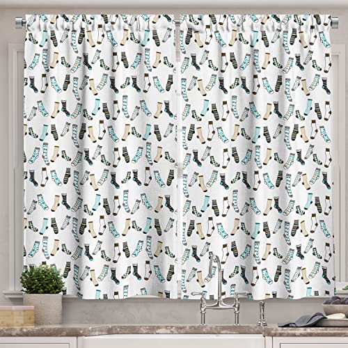 Ambesonne Cartoon Kitchen Curtains, Messy Teenager Kids Room Rain of Socks Laundry Themed Funny Art, Window Drapes 2 Panel Set for Kitchen Cafe Decor, 55