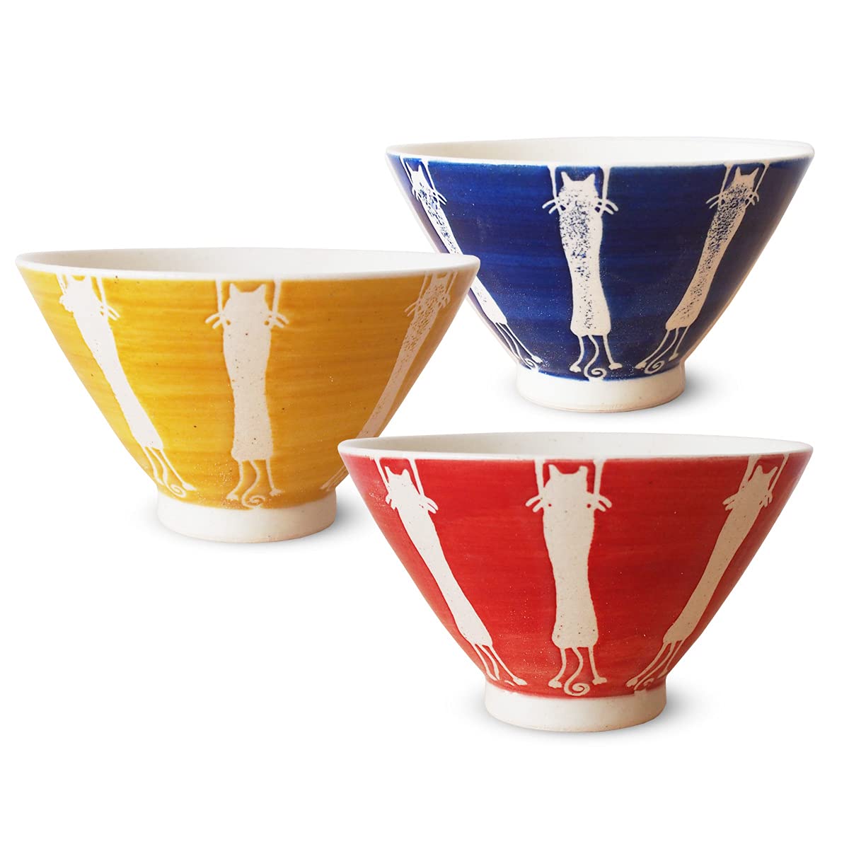 Hasami Ware Cat Rice Bowl Set of 3 Izan Kiln Blue Red Yellow 4.5in