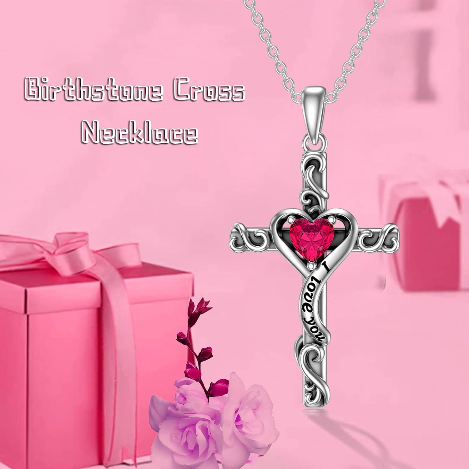 TOUPOP Valentines Day Gifts for Her Birthstone Cross Necklace for Women 925 Sterling Silver Heart Cross Pendant I Love You Jewelry Anniversary Birthday Gifts for Wife Girlfriend Mom - Image 5