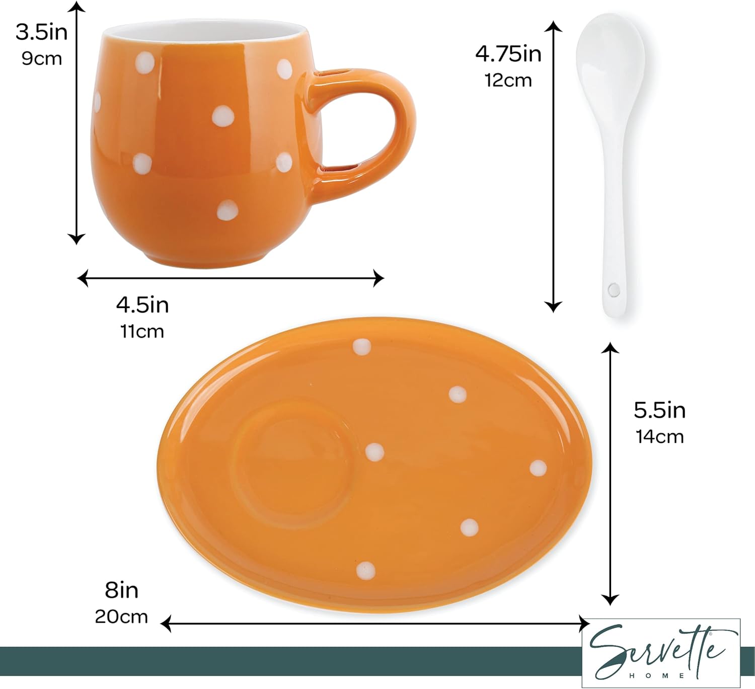 2 Orange Polka Dot Coffee Mugs Sets with Plate and Spoon - 11oz