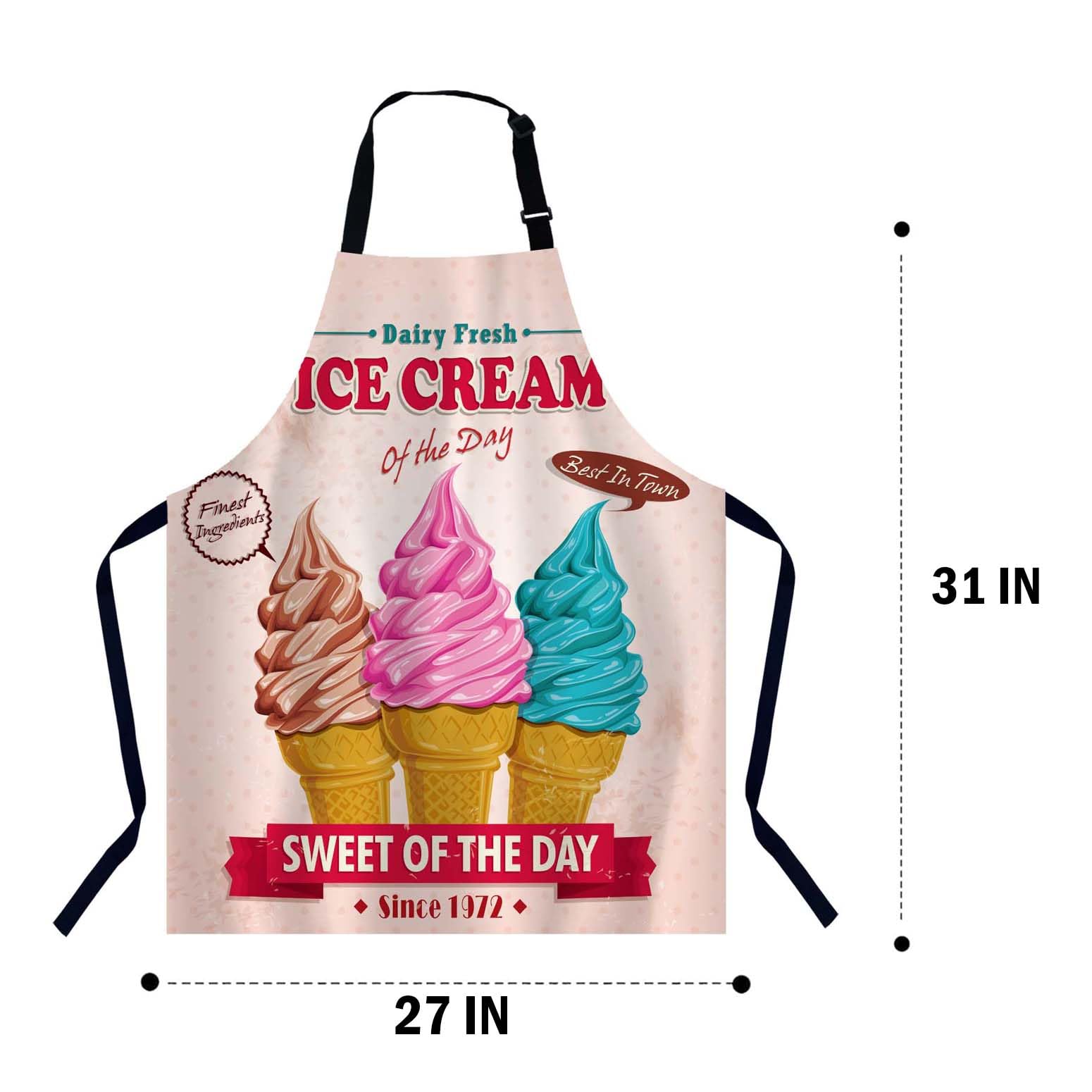 Xuwenz Vintage Ice Cream Design Kitchen Apron for Women Men, Unisex Adjustable Cooking Apron, Waterproof Apron for Home Kitchen, Restaurant, Coffee House