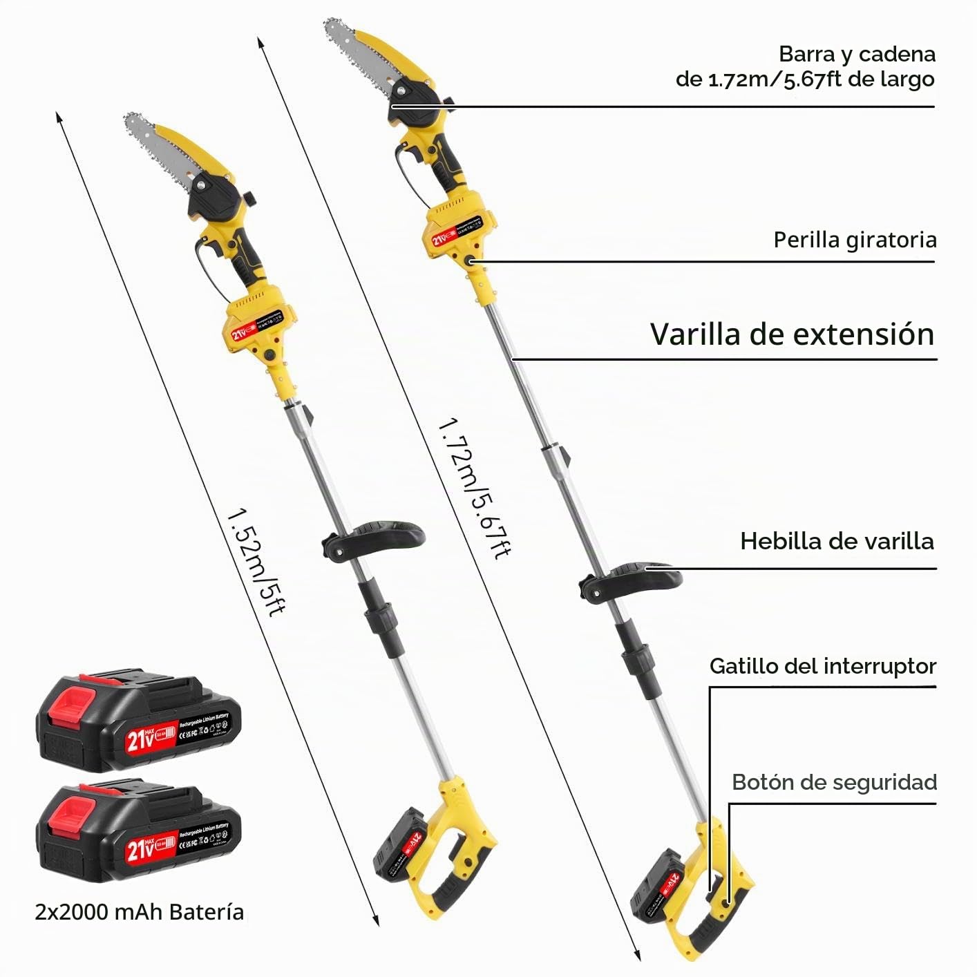 2 en 1 Podadora de Altura Pértiga a Batería con 2 X 2000mAh Baterías Sierra Profesional | Motosierra Eléctrica con Pértiga Telescópica 1,52-1,72m para Cortar Ramas de Jardín