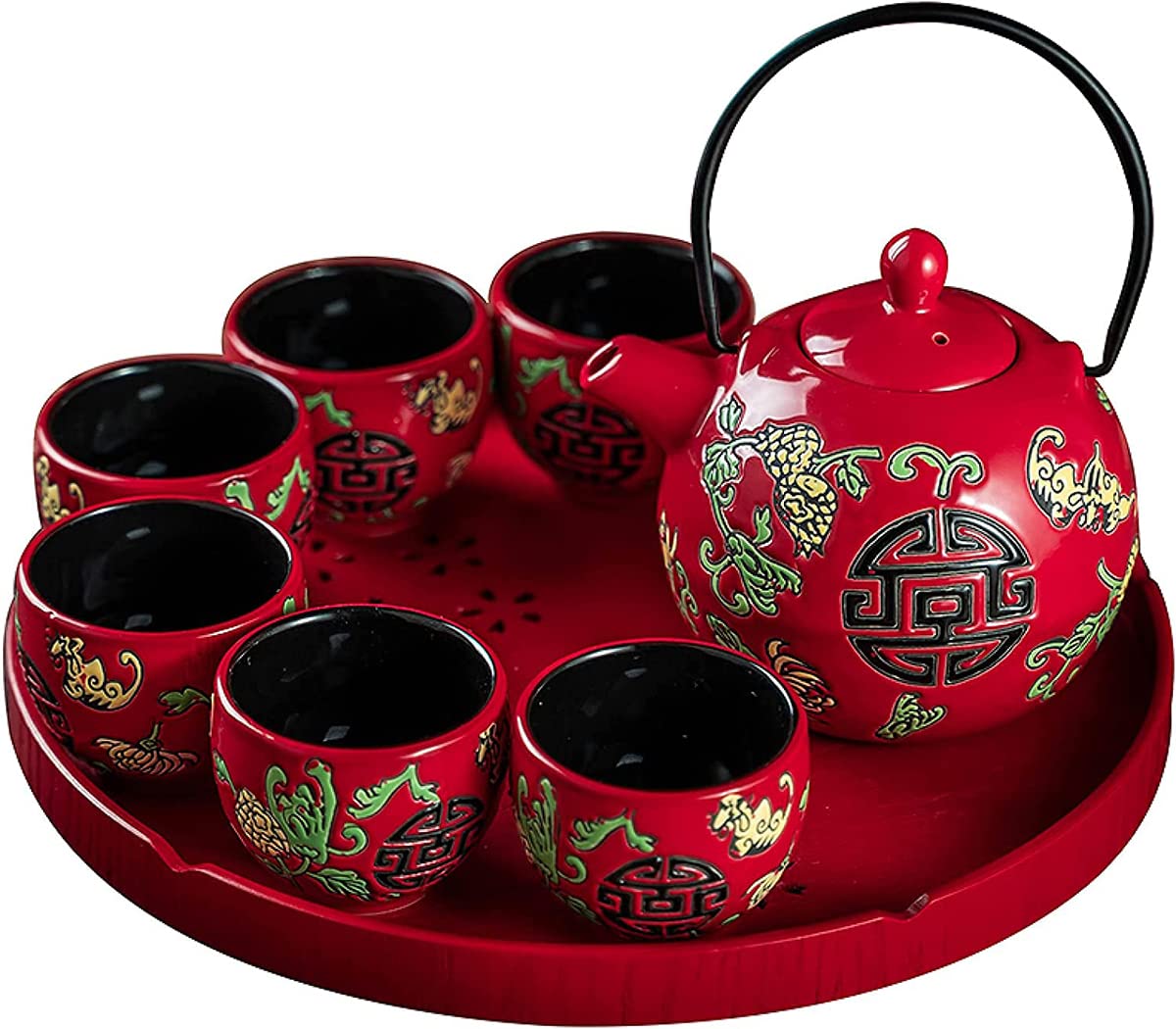TANFEI Traditional Chinese Ceramic Tea Set, Tea Set for Wedding Ceremony Party, Chinese Red Porcelain Tea Pot With Tea Cups and Tea Tray for Adults (Style A)