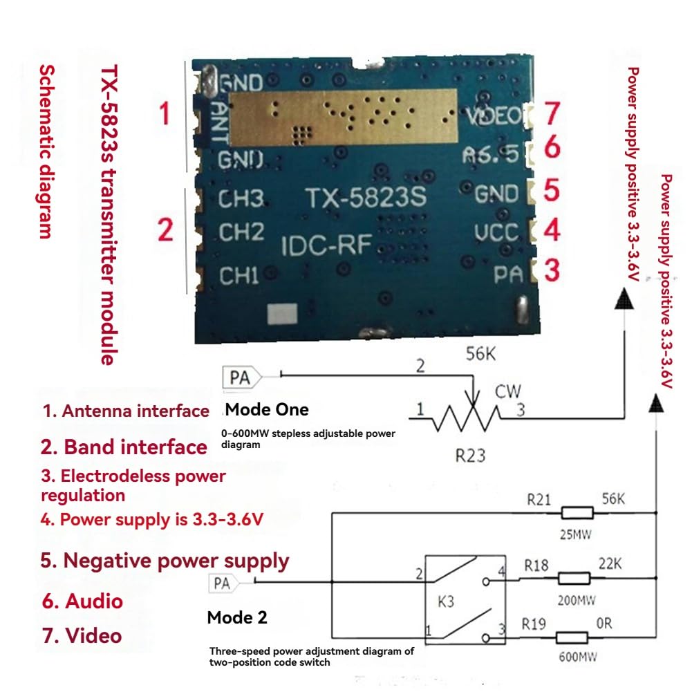 5,8G FPV VTX TX5823 Moduł nadajnika audio wideo 8CH 0-600 MW nieskończenie regulowany do drona FPV