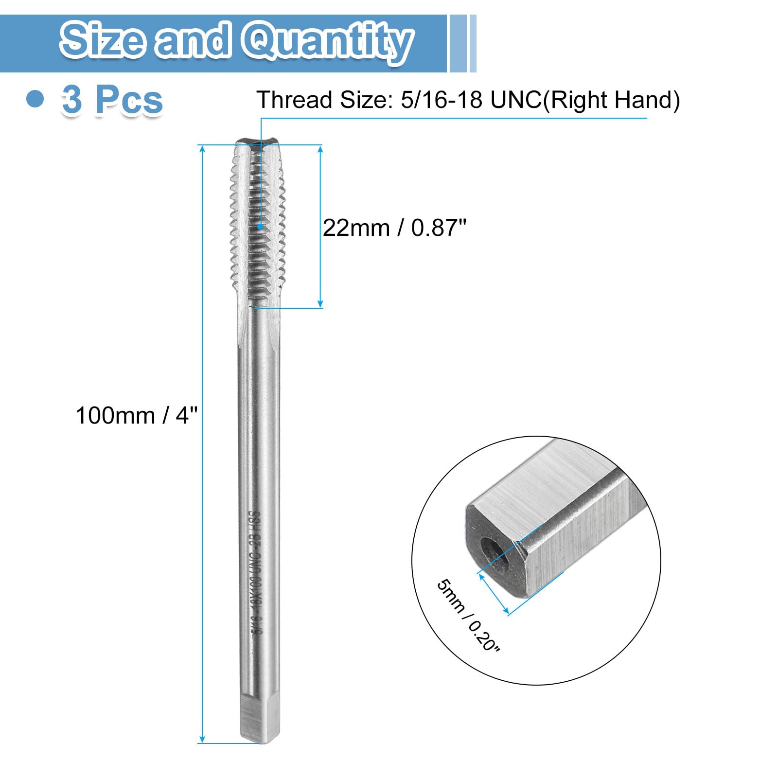 uxcell 3pcs Straight Flute Screw Taps 5/16-18 UNC 2B Thread 4