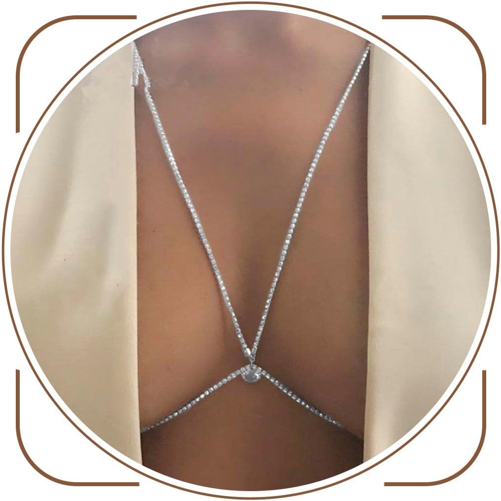 Asooll Crystal Body Chain Rhinestone Chest Chain Bikini Bra Jewelry Fashion Beach Prom Rave Body Accessories Jewelry for Women and Girls (Silver)