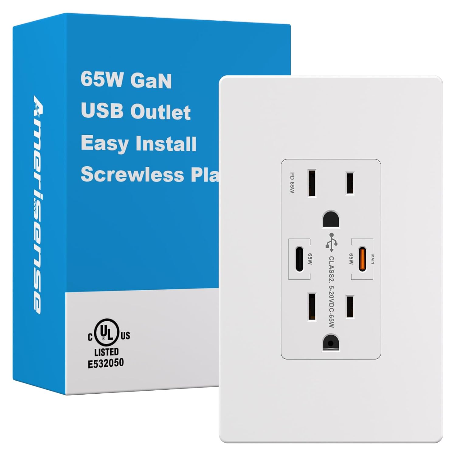 GaN 65W 6Amp 2-Port USB Wall Outlet, 15 Amp Tamper-Resistant Receptacle with 2 USB Type C Port, USB Charger with Wall Plated Included for USB-C Phone/Tablet/Laptop, UL Listed