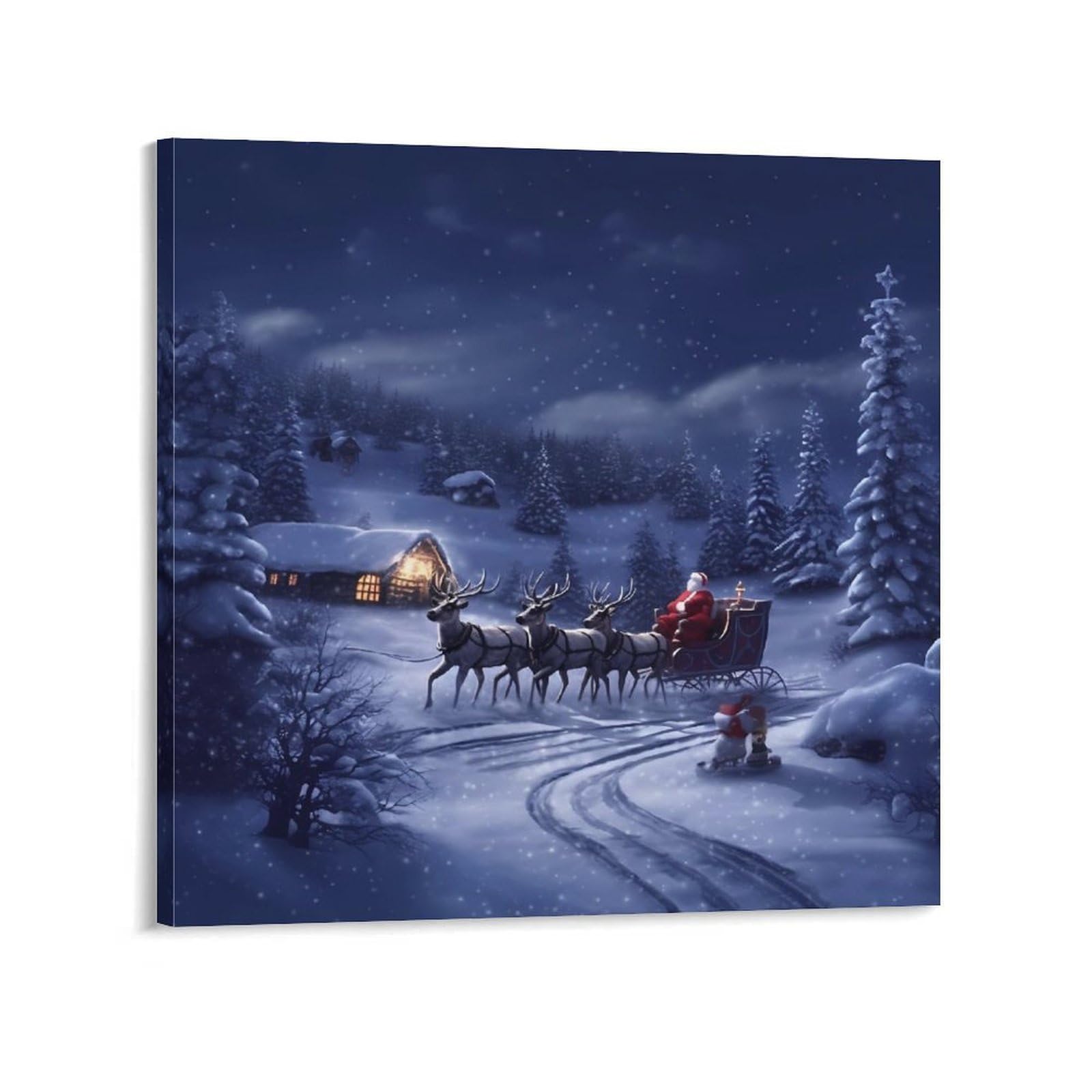 Snow Night Santa And Deer Canvas Wall Art for Bedroom 16x16inch Canvas Prints Artwork for Walls Modern Picture Artwork Painting for Living Room Aesthetic Wall Paintings for Bathroom Kitchen O
