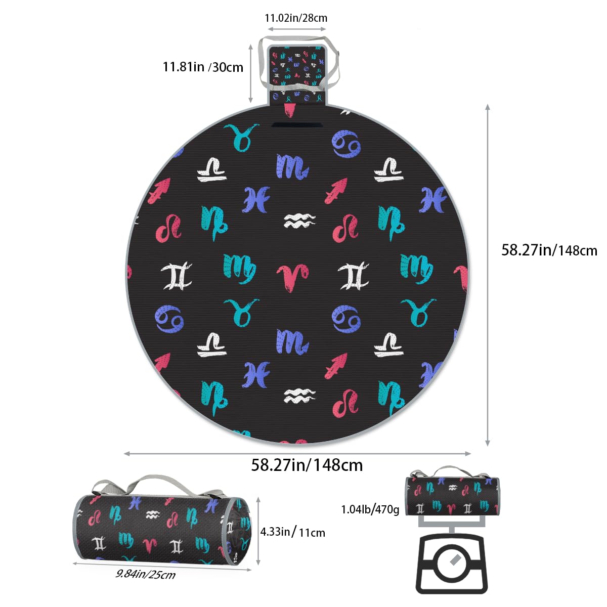 Shimoshe Constellation Print Picnic Outdoor Blanket Foldable Waterproof Sandproof Beach Blanket Portable Water-Resistant Round Picnic Mat for Travel Camping Park Lawn