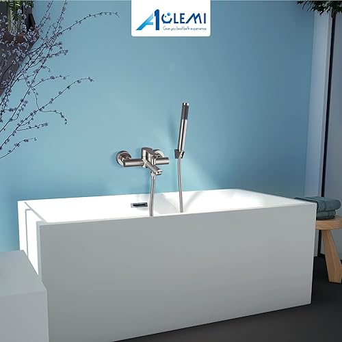 Miniatura 7 de Aolemi Llenador de bañera de montaje en pared, níquel cepillado, grifo de bañera central de 6 pulgadas con ducha de mano, acero inoxidable SUS304,