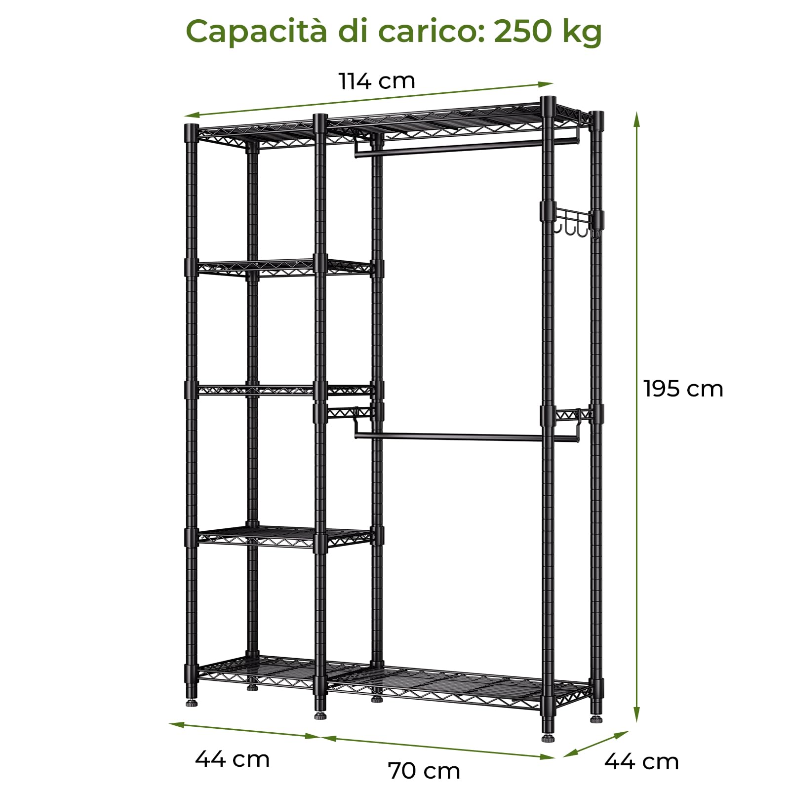 Himimi Appendiabiti stabile, aperto con doppio appendiabiti e 5 ripiani regolabili in altezza, in metallo, per camera da letto, corridoio, 114 x 44 x 195 cm, nero