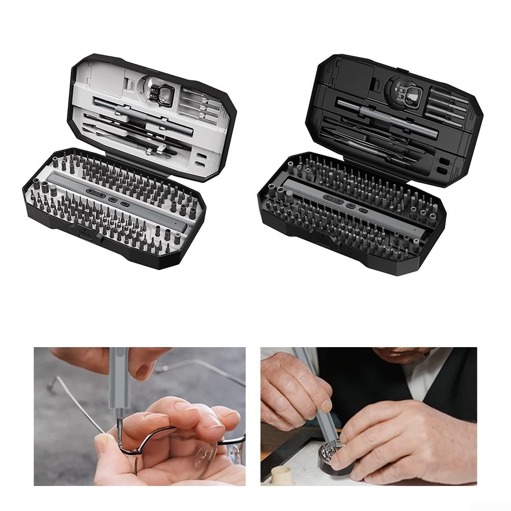 Juego de destornilladores eléctricos, 156 piezas, 5 niveles de par 0,12 – 0,35 Nm, 140 bits magnéticos, batería USB-C con LED, para smartphone, PC, portátil, PS5, reloj Xbox (negro)