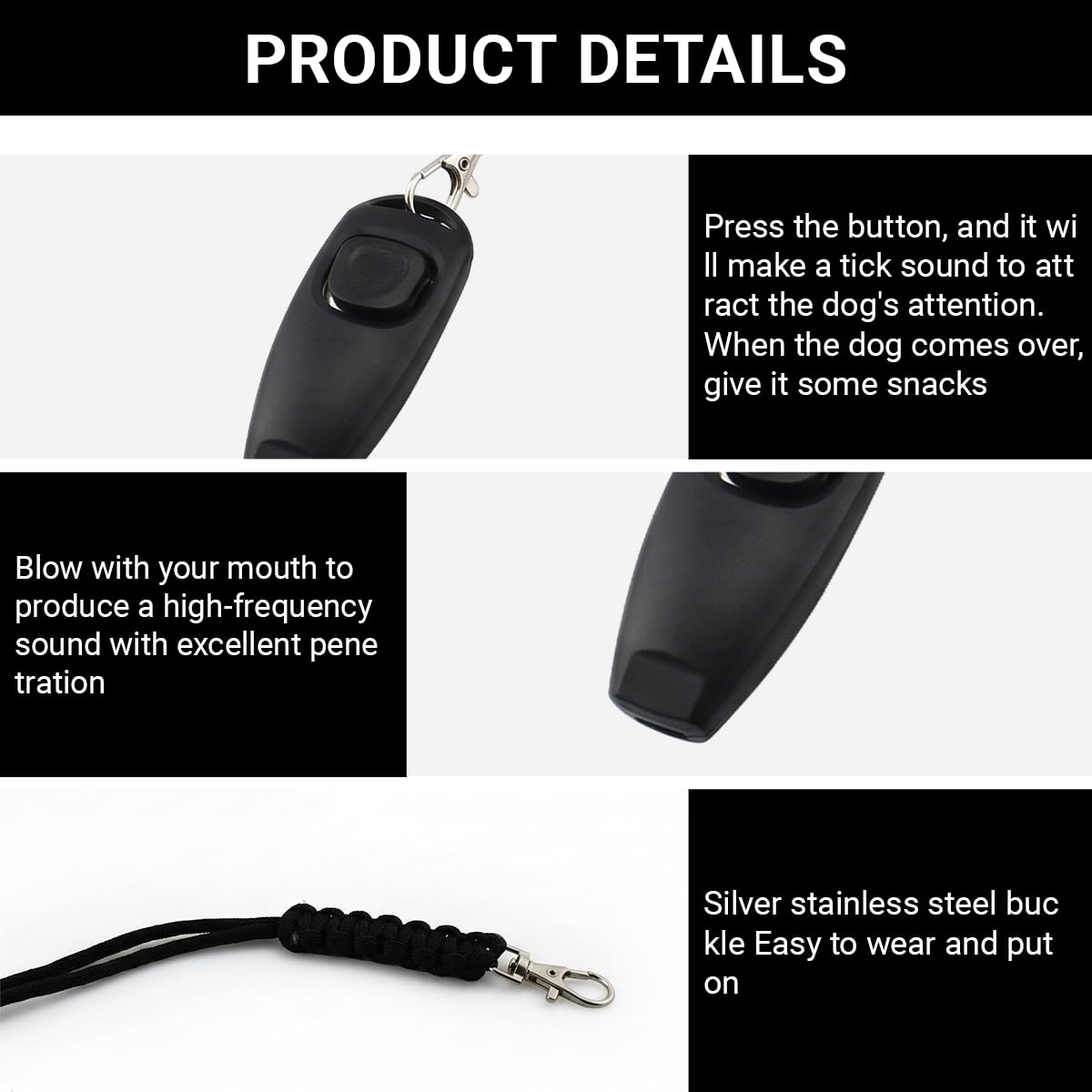 Set de formation 2 en 1 avec sifflet et clicker pour chiens, noir, avec bracelet de poignet, clicker et sifflet pour rappel, accessoire pour la formation des chiots et des chats, pour l