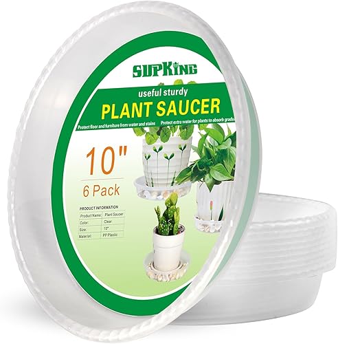 SupKing Platillos para plantas, 6 unidades de 10 pulgadas, bandejas de plástico resistentes para goteo, platillo transparente duradero, bandeja