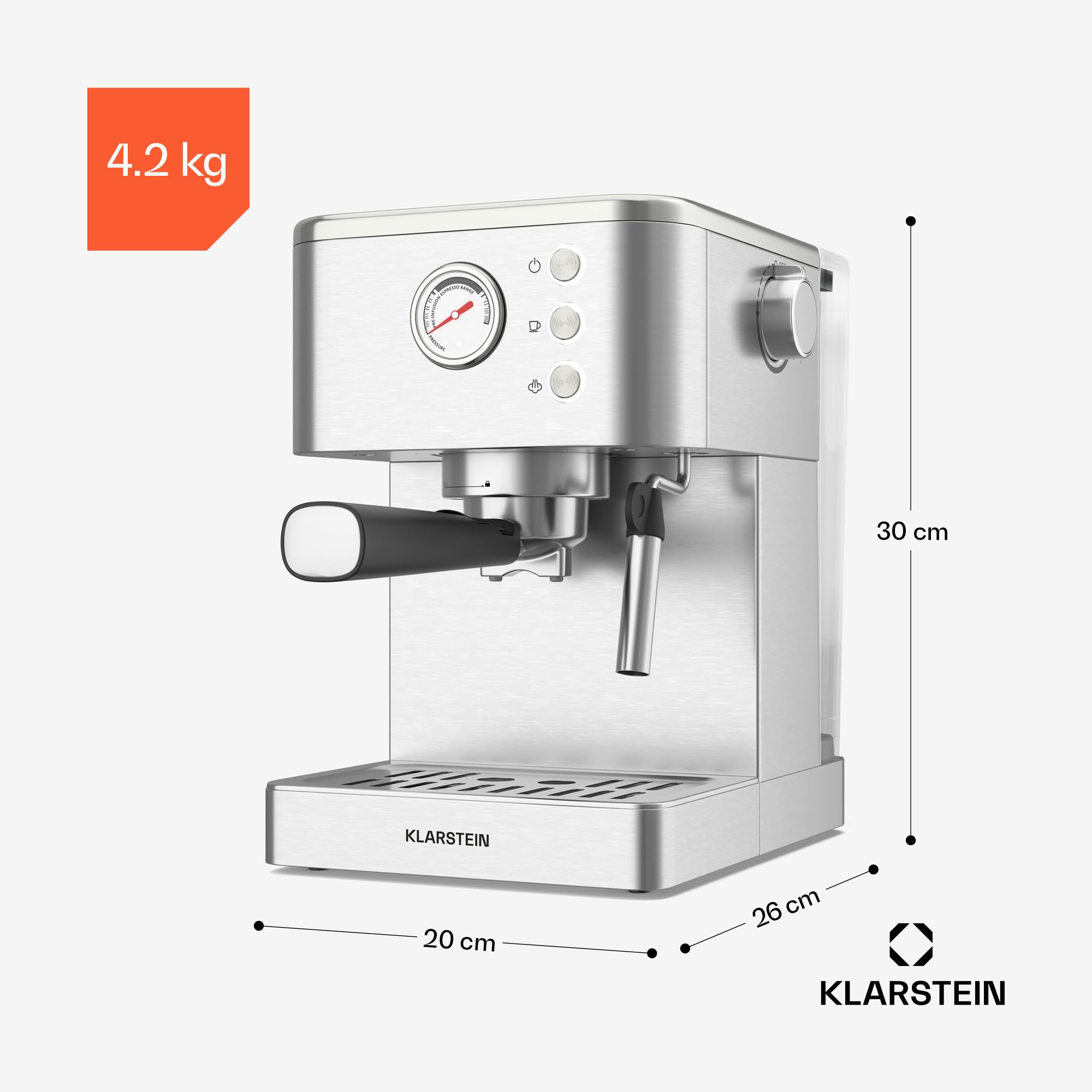 Klarstein SteelPresso Siebträgermaschine – 20-Bar, 1350 W, Edelstahl, Dampf-Funktion, 1,5-L-Wassertank, Kompaktes Design, Mechanische Steuerung, Warmhalteplatte