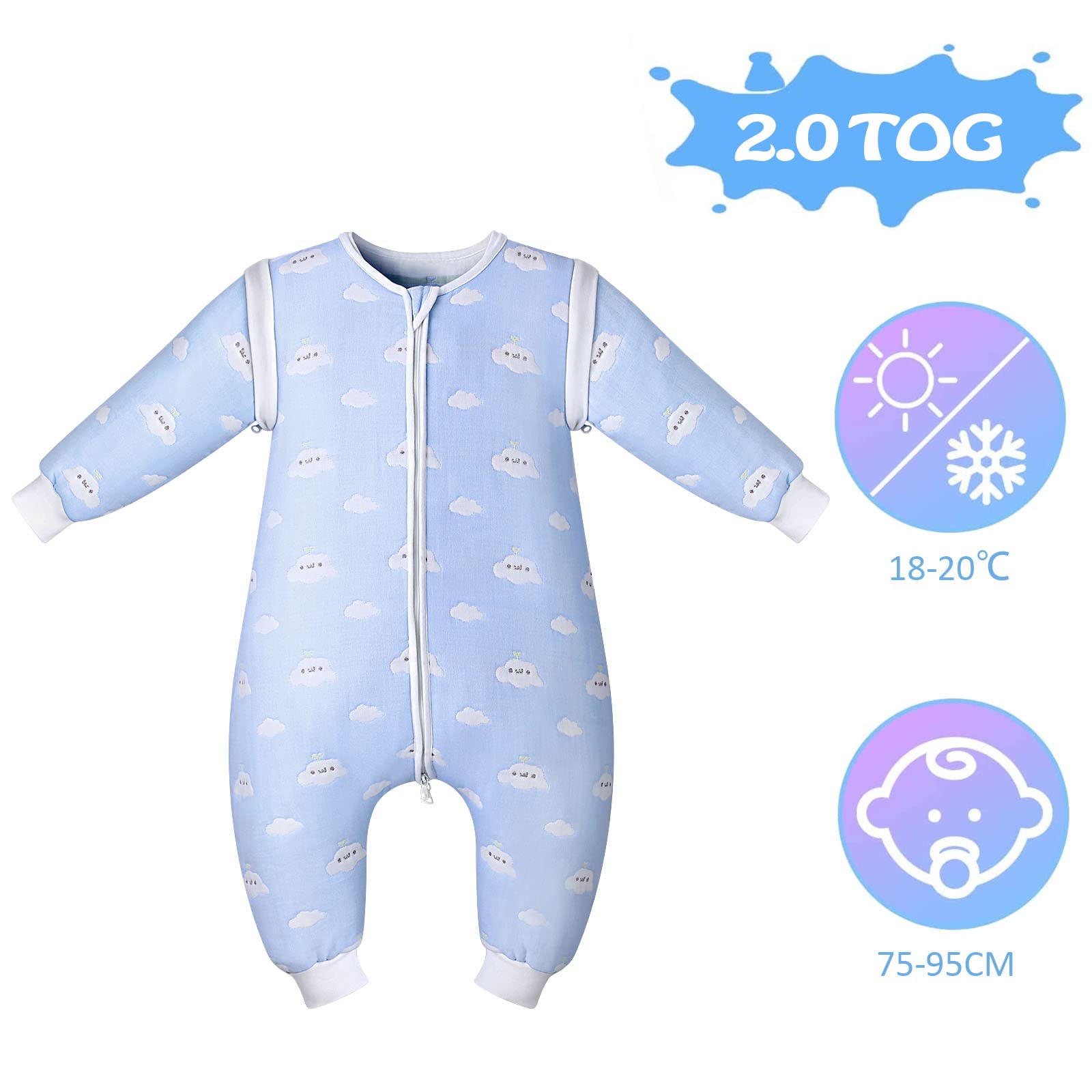Lictin Saco de Dormir con Pies y Manga 2.0TOG-Saco de Dormir Bebe Niños con Mangas Extraíbles para 12-36 Meses de 80 (Motivo de Cielo Azul y Nubes Blancas)