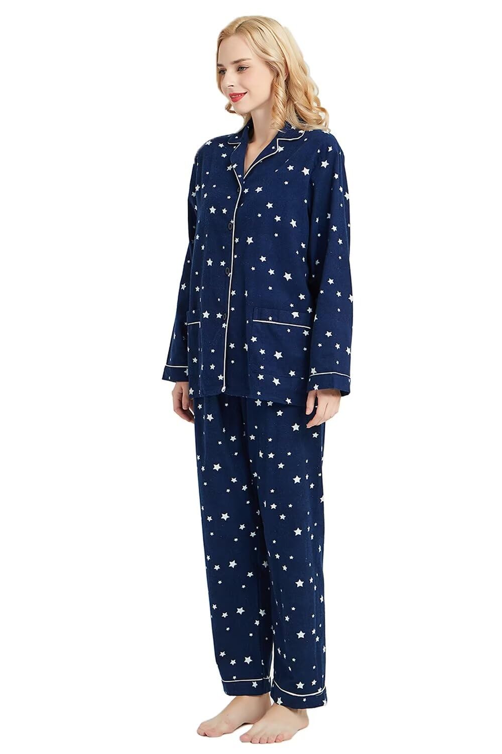 GLOBAL Pijamas Mujer Franela, Pijamas Algodon Mujer Largos, Conjunto de Pijama Suave y Cómodo, Camisones Mujer Botones, Cintura Elástica Ajustable，Regalo Mujeres,