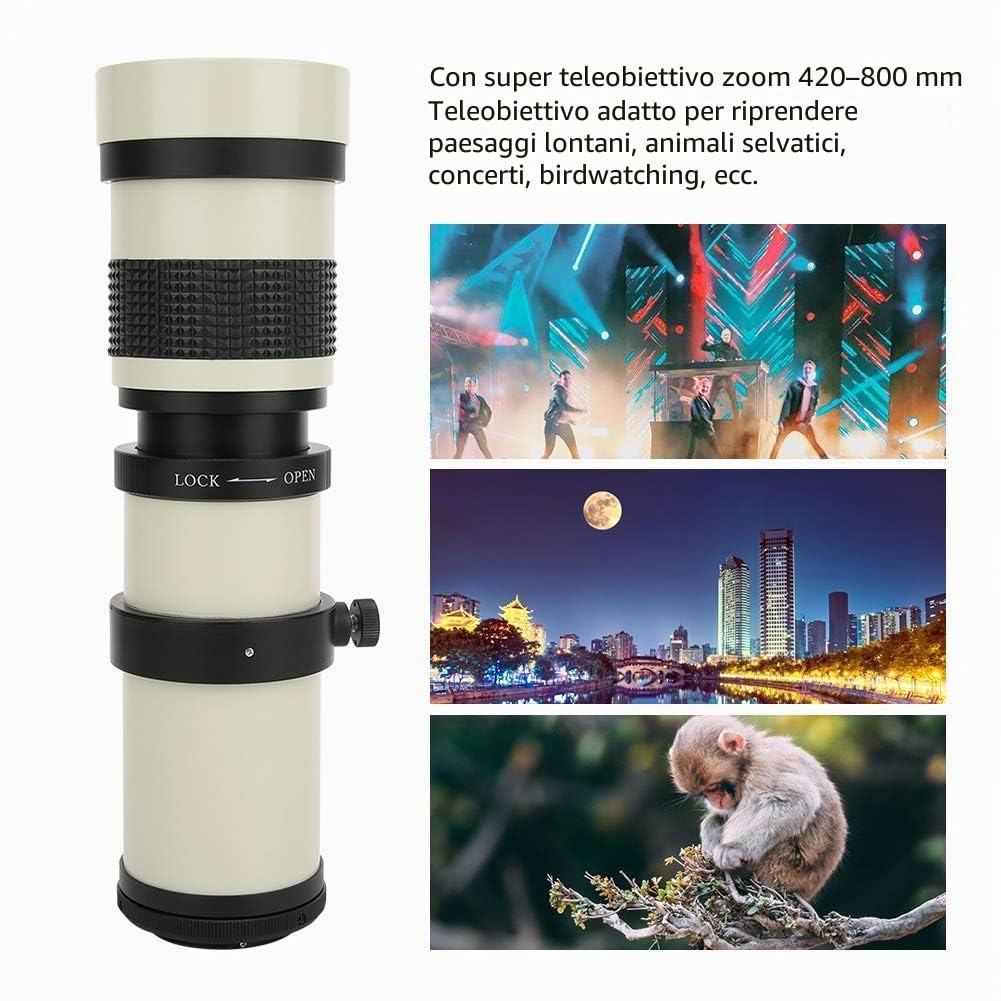Obiettivo telescopico, bianco con 420-800MM Super Telezoom F/8.3-16 teleobiettivo a fuoco manuale per 100D/200D/250D/350D/400D/650D/800D/1000D/1100D/1300D/2000D/4000D,