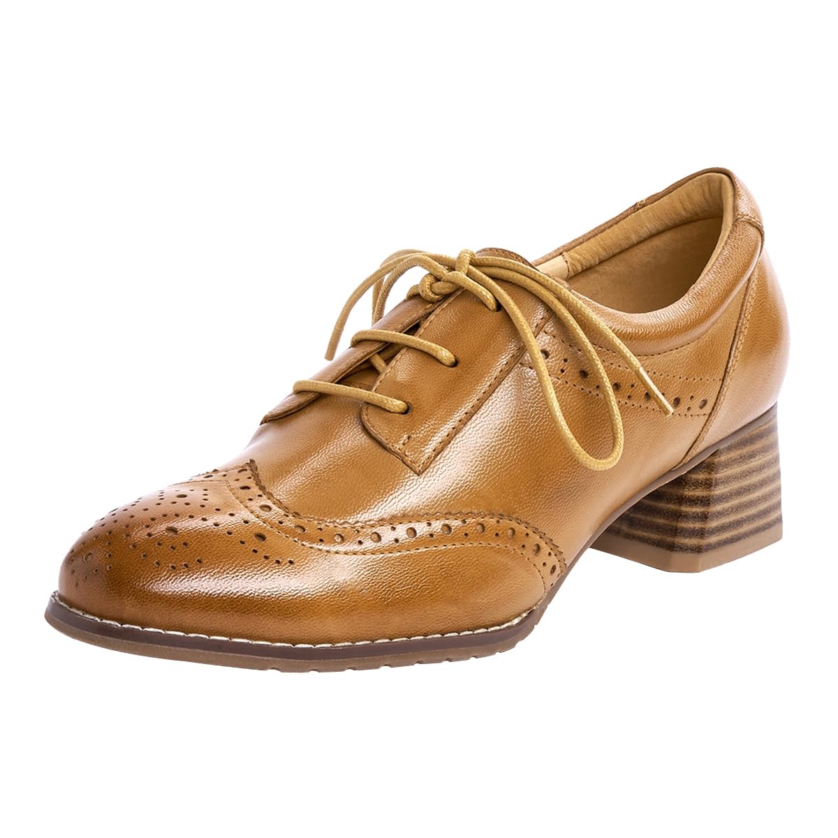 Mona flying Womens Leather Med Chunky Heel Wingtip Brogue Lace-up Dress Oxford Pumps Office Work Heel Shoes for