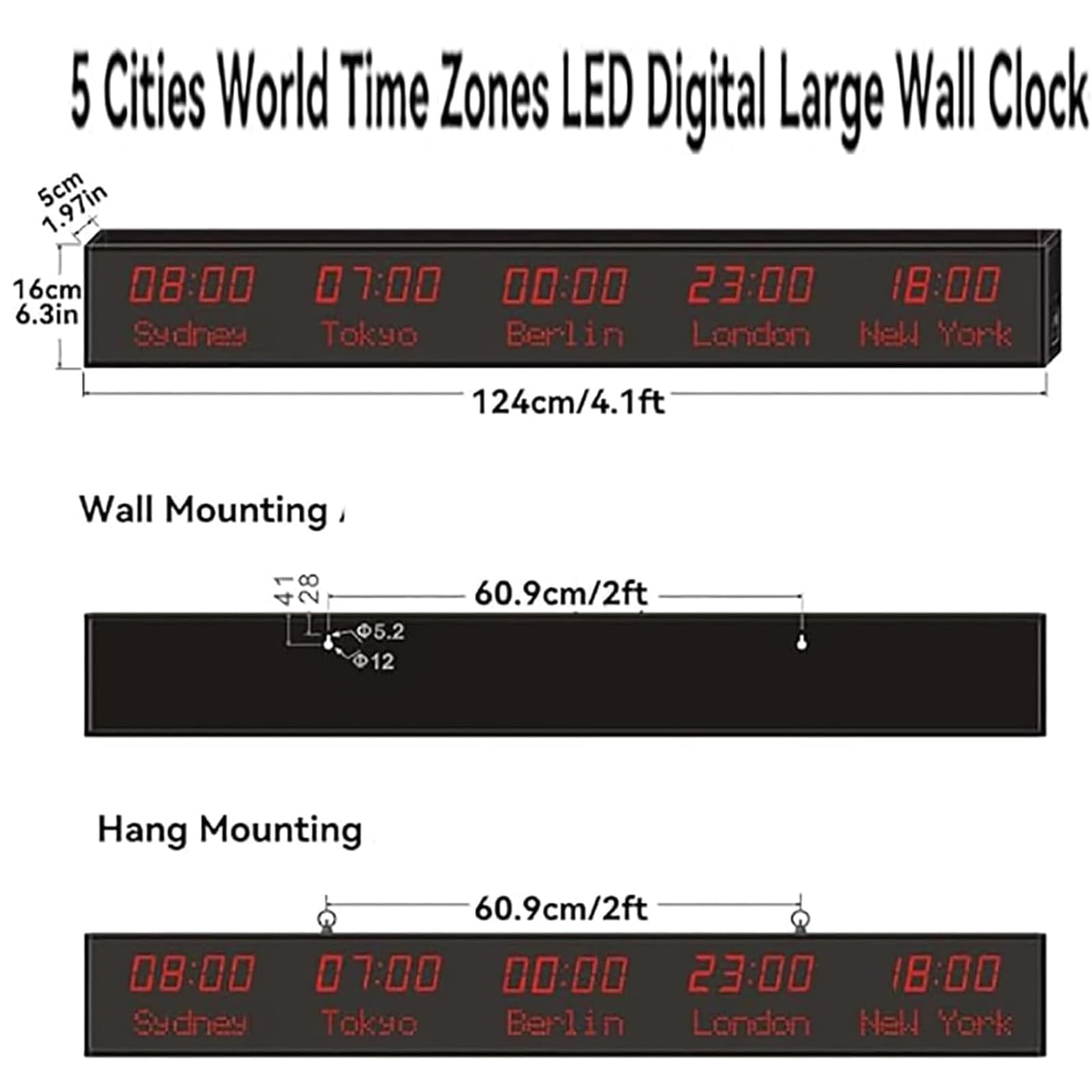 Orologio con Fusi Orari Mondiali, Orologio Digitale con più Fusi Orari, Orologio con 5 Città, 3 Livelli di Regolazione della Luminosità, per Aziende Multinazionali, Hotel, Uffici
