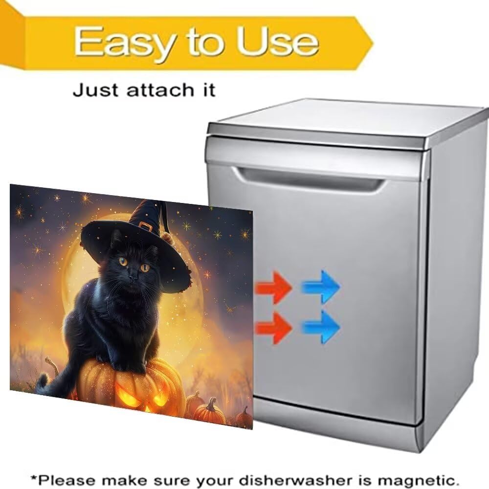 Halloween pumpkin dishwasher kitchen decoration sticker farmhouse black cat pumpkin lantern magnetic dishwasher cover dishwasher magnet leather cover refrigerator vinyl sticker 23x17 Inch Magnetic