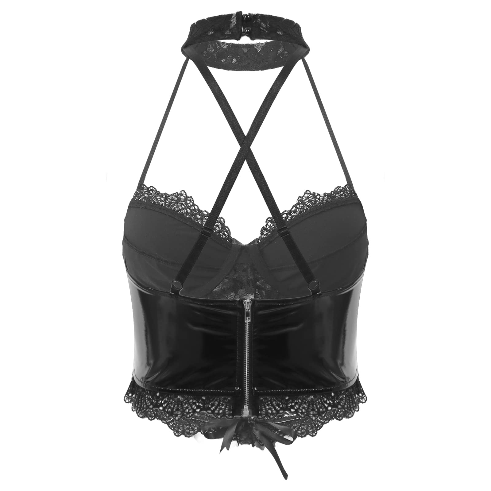 Womens Lace Patchwork Lace-up Camisole Glossy Patent Leather Halter Crop Top Zipper Back Vest,Black,XXL