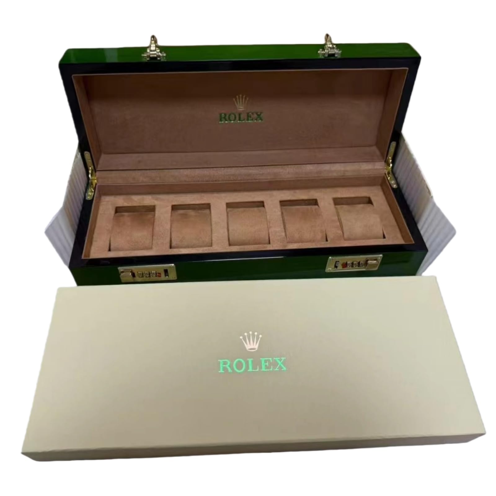 Verde Legno Scatola Orologio 5 Slot Vetrina Custodia Organizzatore Chiudibile Gioielli Cofanetto Orologio Finitura Laccata per Rolex