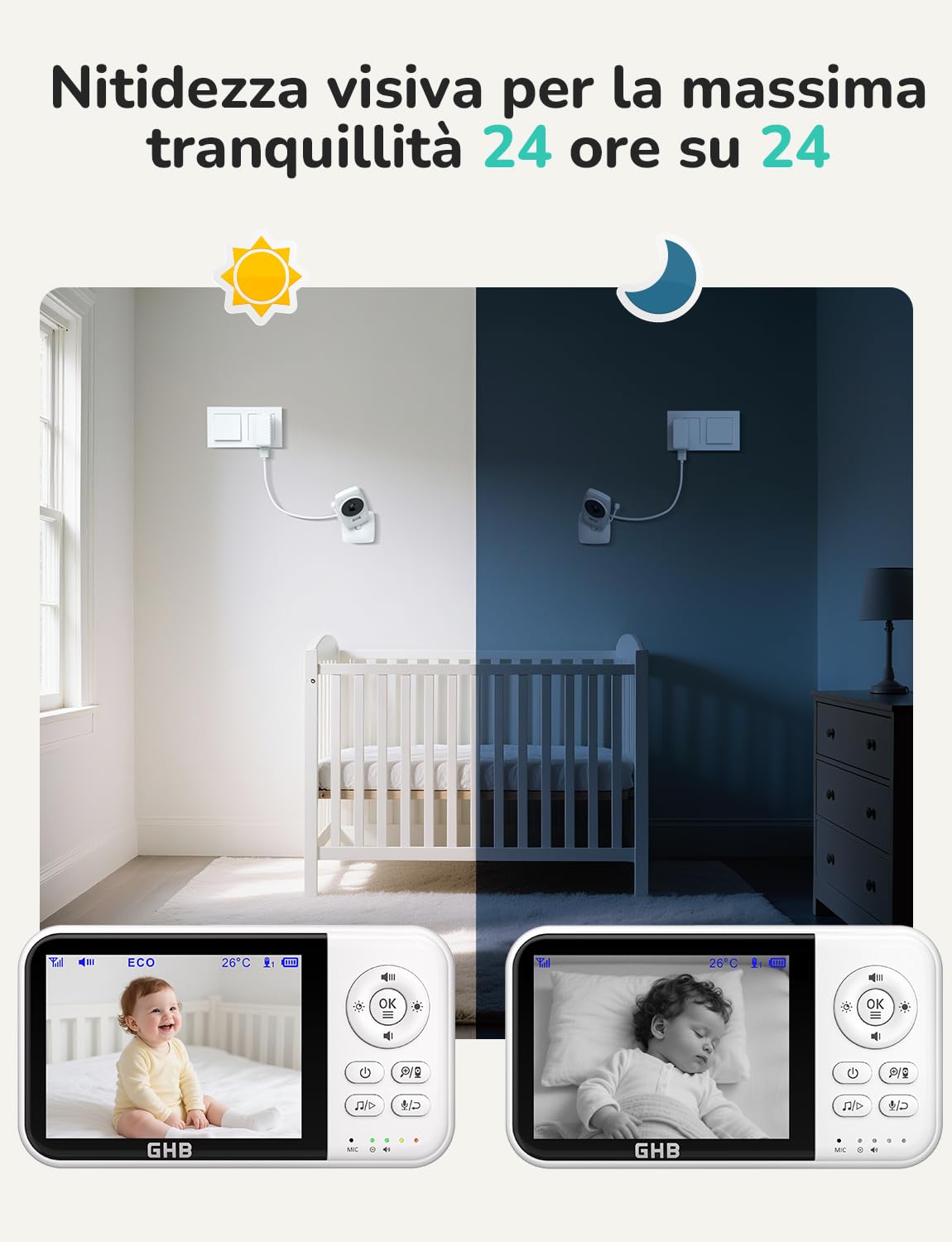 Baby Monitor con Telecamera 3.2'' 2100mAh Visione Notturna VOX Rilevamento Temperatura Interfono Bidirezionale