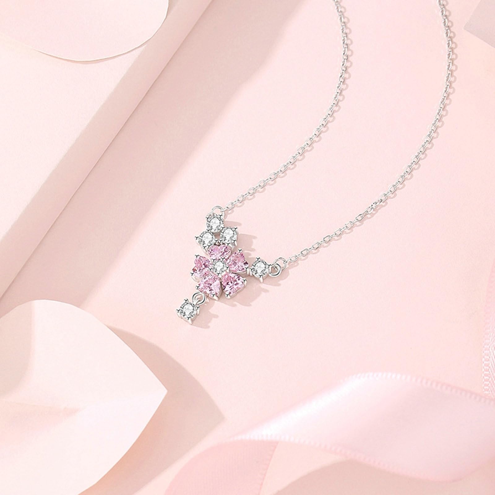 Collar de oro de 9 quilates con zafiro rosa creado en laboratorio y moissanita para mujer, collar de oro blanco para mujer, flores