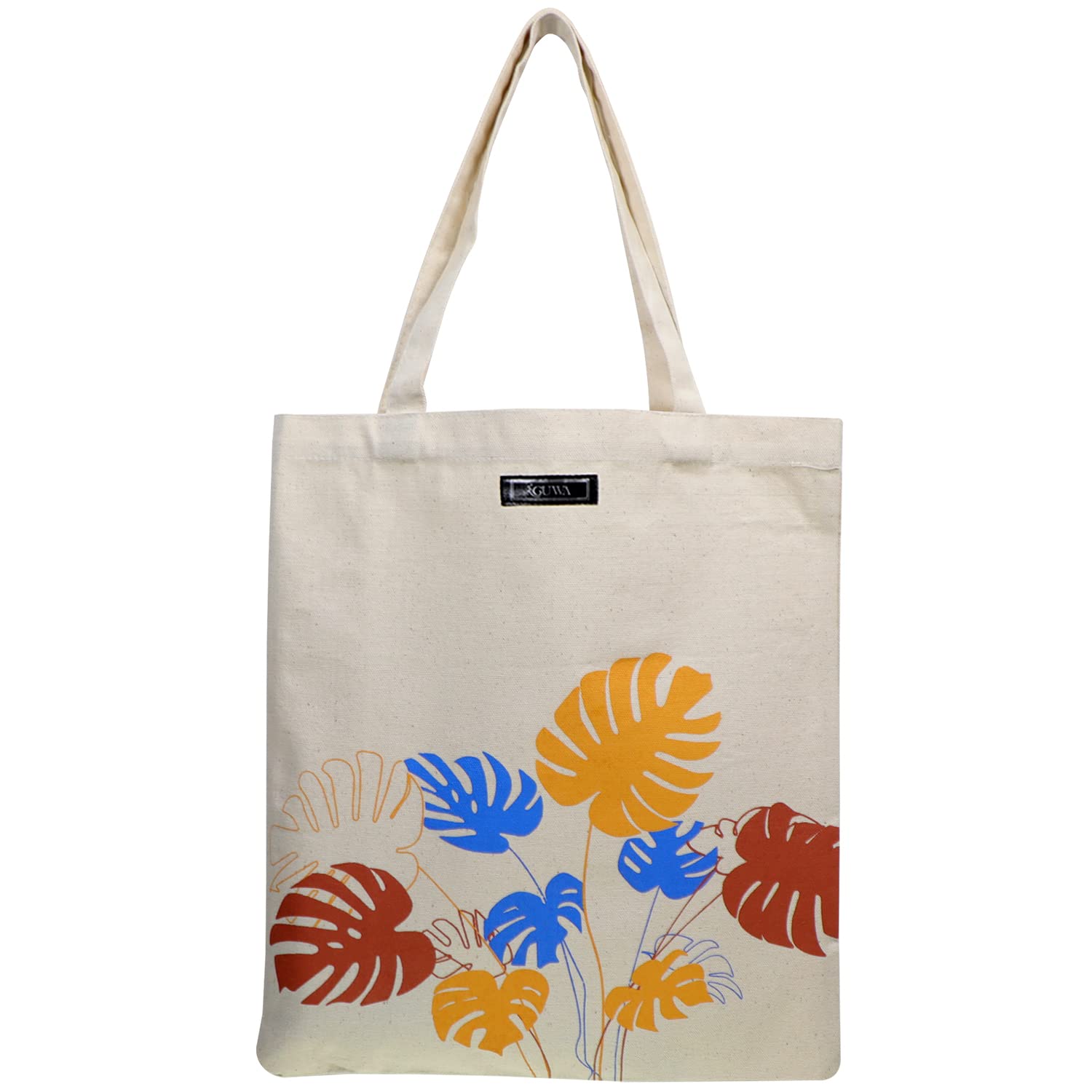 GUWA 15x14 Inch 12oz Natural Canvas with Handles Tropical Monstera Leaf Beach Bags Reusable Totes Handbags for Shopping Travel College 1 Pack, White, Large