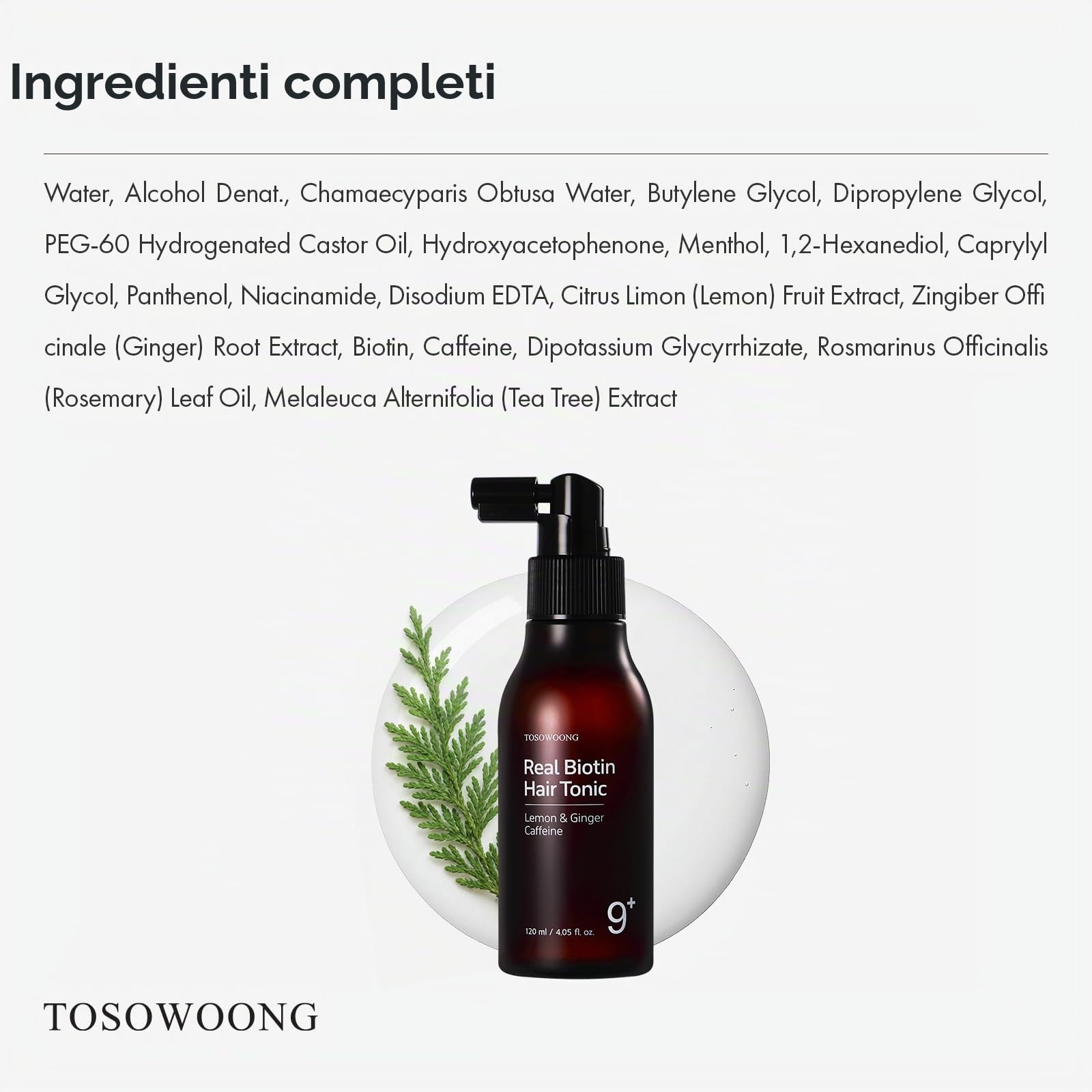 TOSOWOONG Real Biotin Scalp Tonic for Men & Women | Spray Cuoio Capelluto & Capelli | Effetto Rinfrescante Istantaneo, Nutriente | Caffeina, Olio di Rosmarino, Tea Tree | K-Beauty 120ml / 4.05 fl.oz.