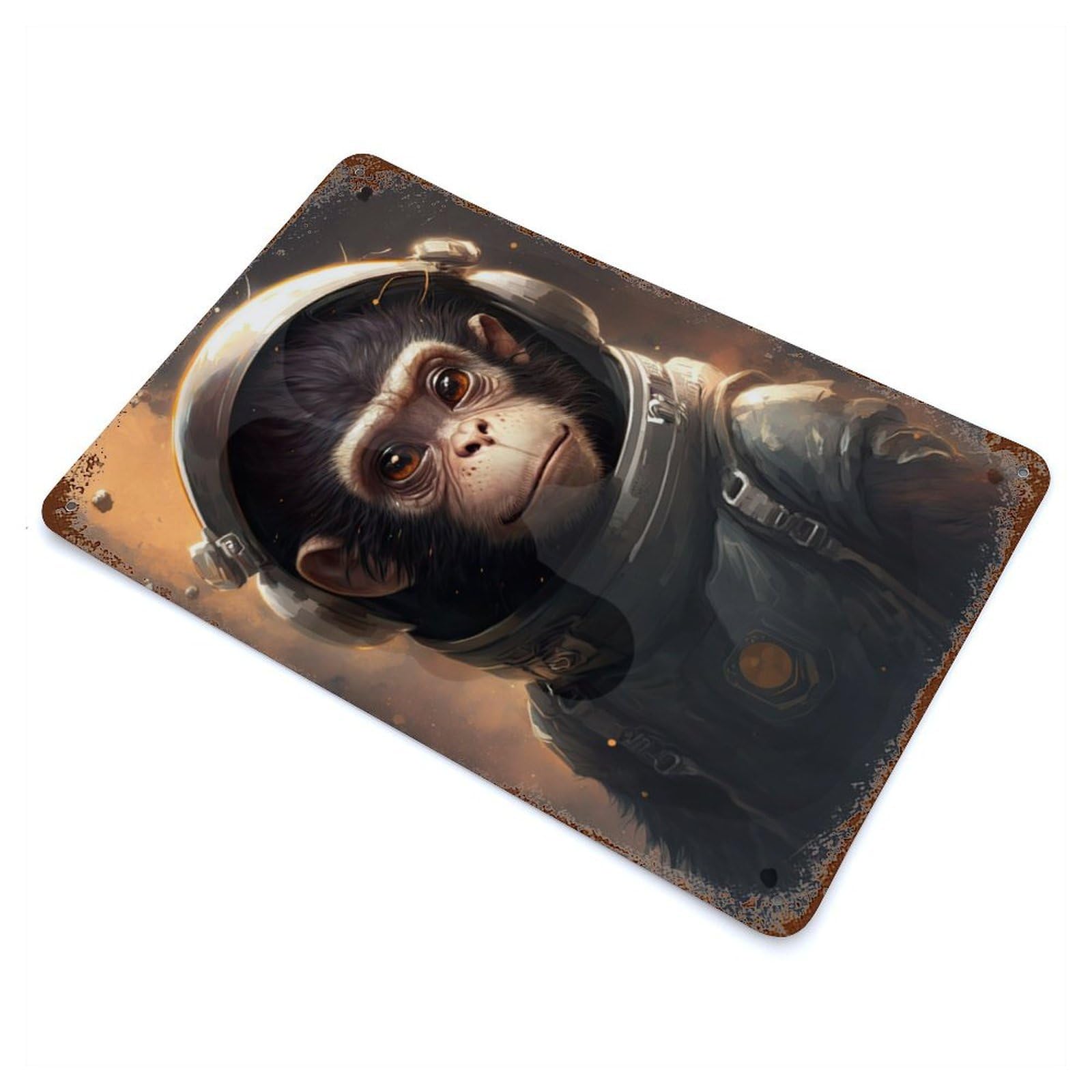 Garage Style Astronaut Space Monkey Aged Metal Wall Plaque 11.8"x7.9", Farmhouse Wall Decor for Bar And Workshop