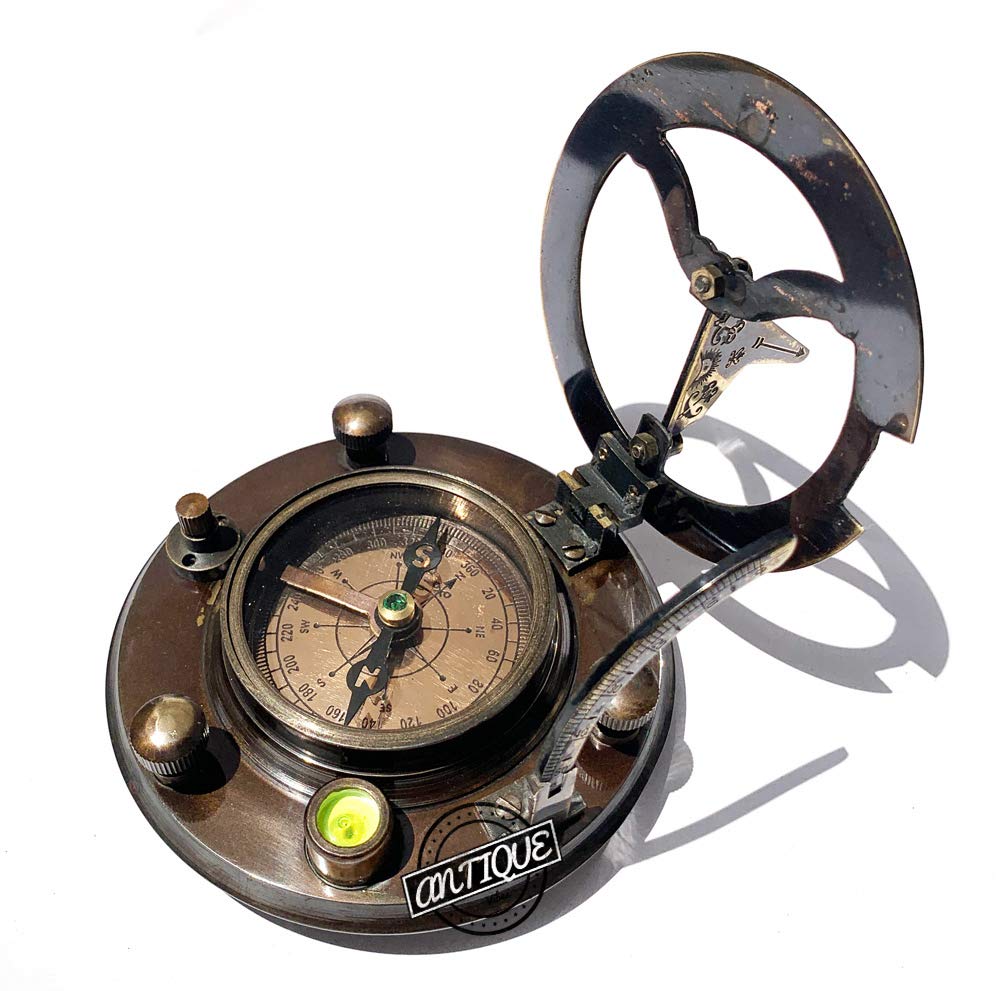 Antique Brass Binocular Spyglass with Leather Shoulder Strap + Victorian Antique Brass Sundial Compass Christmas Decorative Gifts for Men/Women